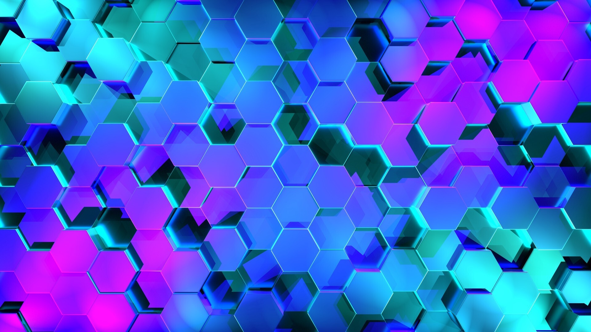 Geometry: Three-dimensional figures, Neon hexagonal prisms. 1920x1080 Full HD Wallpaper.