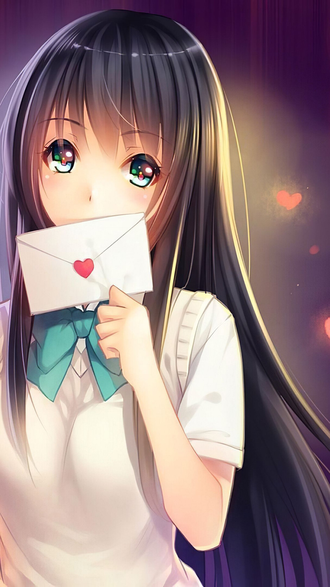 Girly: A female anime cartoon character, Valentine's Day envelope, Heart-shaped stamp. 1080x1920 Full HD Wallpaper.
