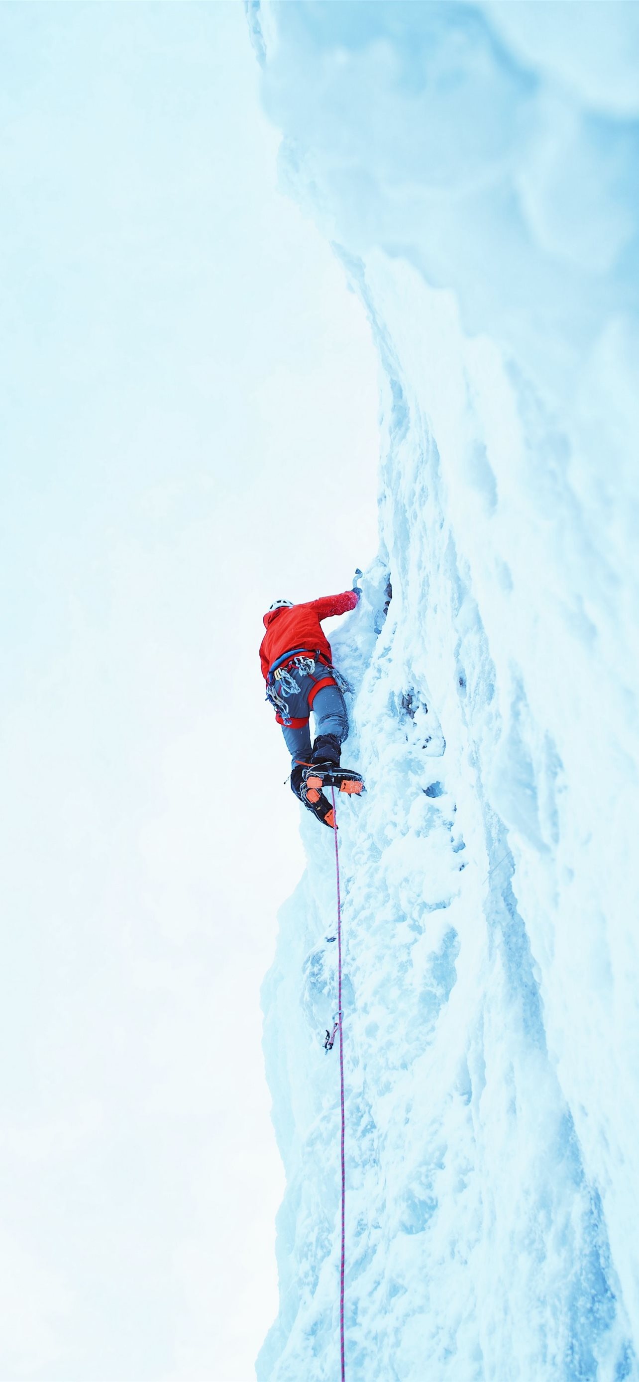Ice Climbing: Snow Mountain Climber In Action, Intense Physical Outdoor Activities In Winter, Climbers' Popular Destinations, Rjukan, Norway. 1290x2780 HD Background.