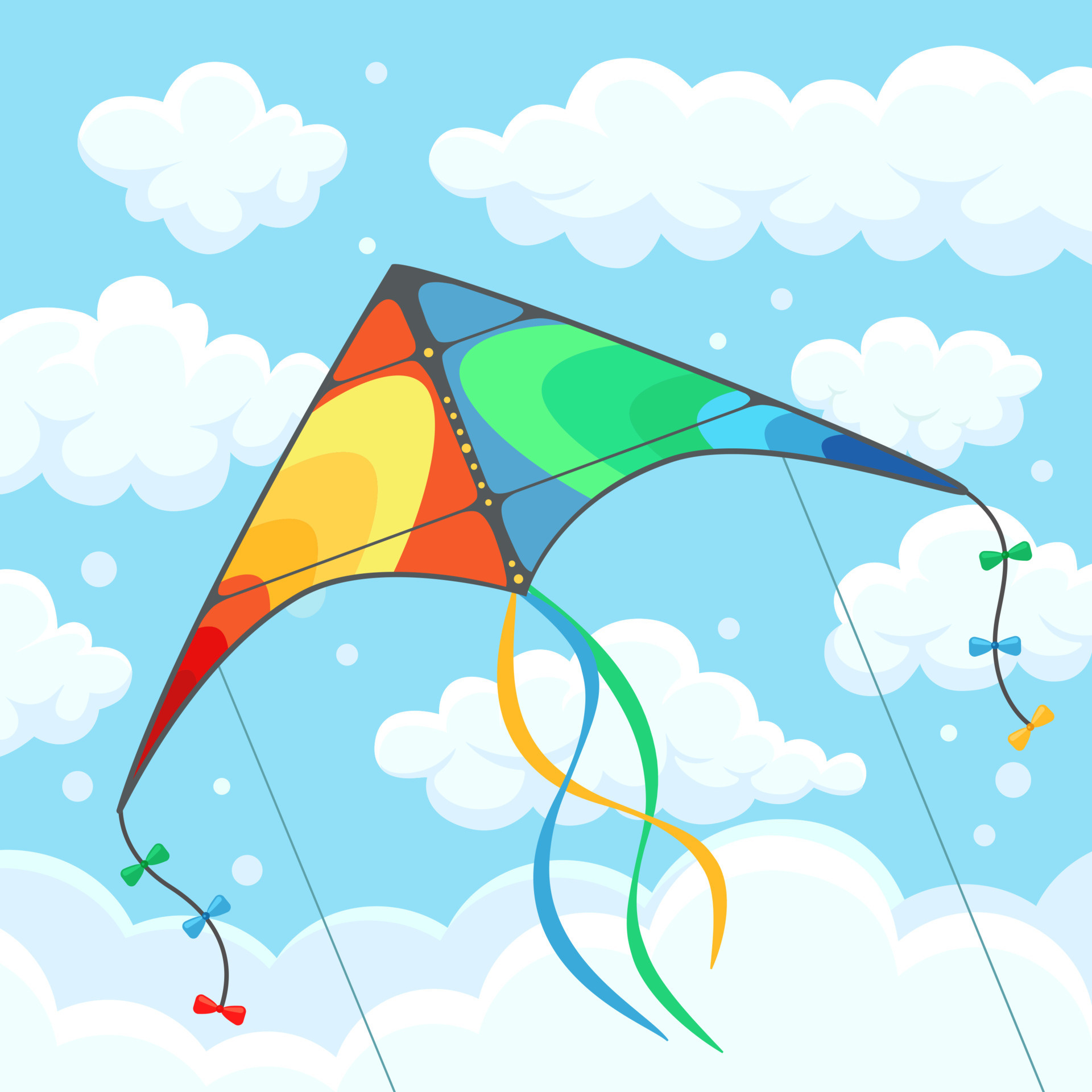Kite Flying: Flying colorful kite in the sky with clouds, Kitesurfing, Drawing, Cartoon design, Vector illustration. 1920x1920 HD Wallpaper.