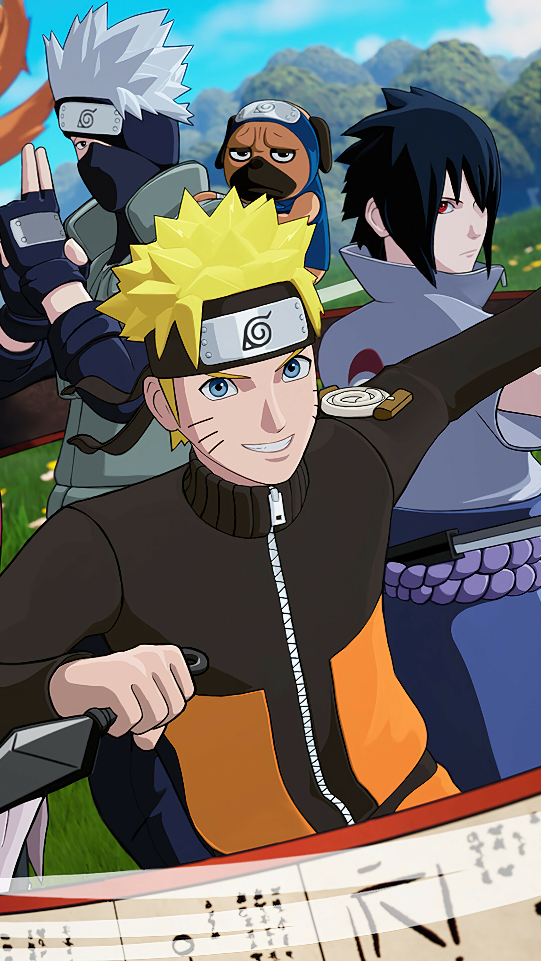 Naruto: Fortnite, Sasuke Uchiha, Sakura Haruno, and Kakashi Hatake. 2160x3840 4K Wallpaper.