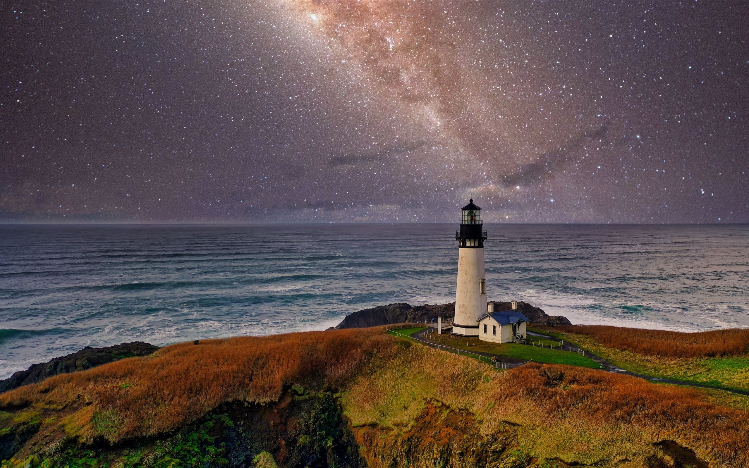 Starry night, Lighthouse silhouette, Nighttime charm, MacBook Pro wallpaper, 2560x1600 HD Desktop