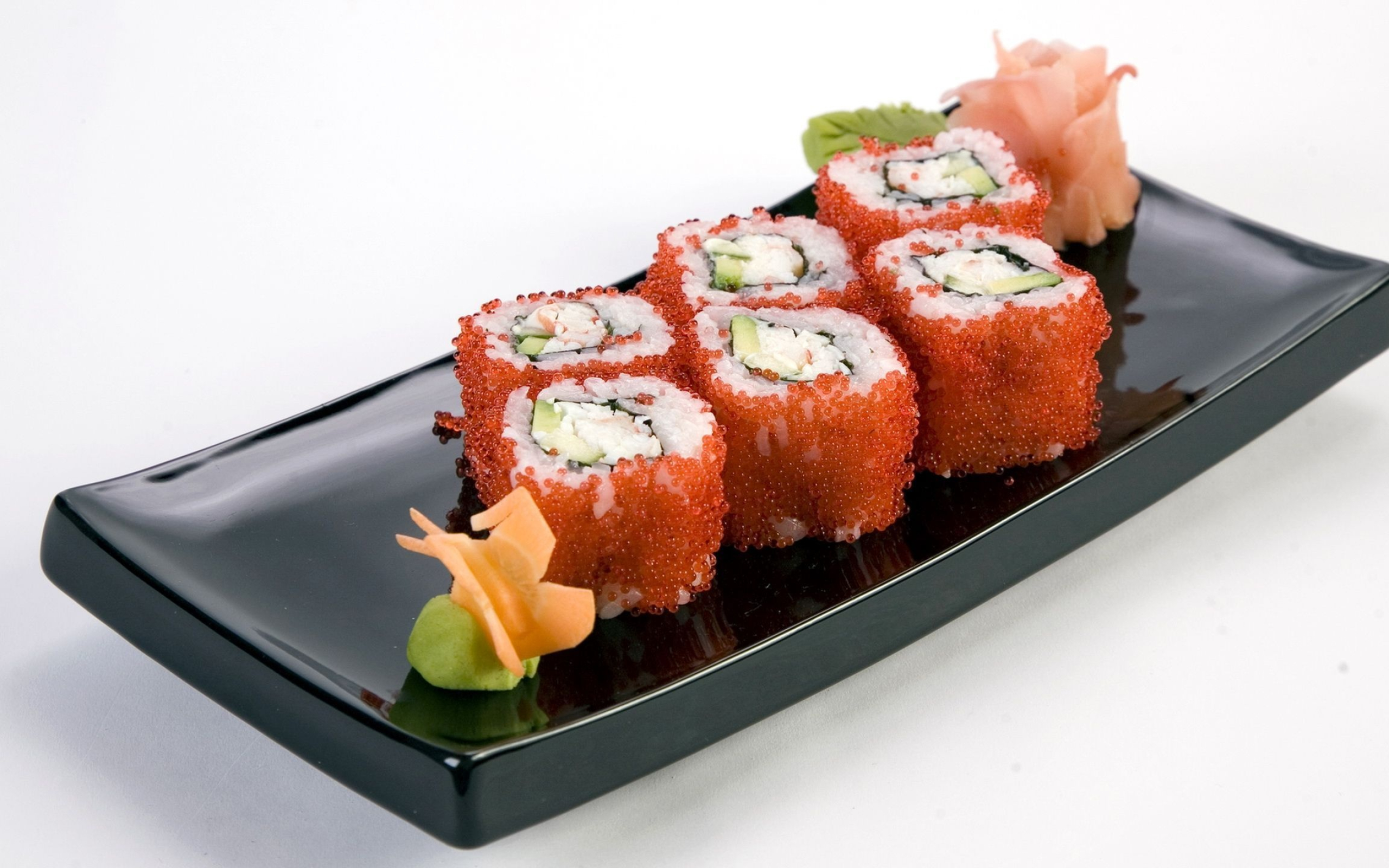 Sushi: California roll, The outer layer of rice is sprinkled with toasted sesame seeds or roe. 2560x1600 HD Wallpaper.