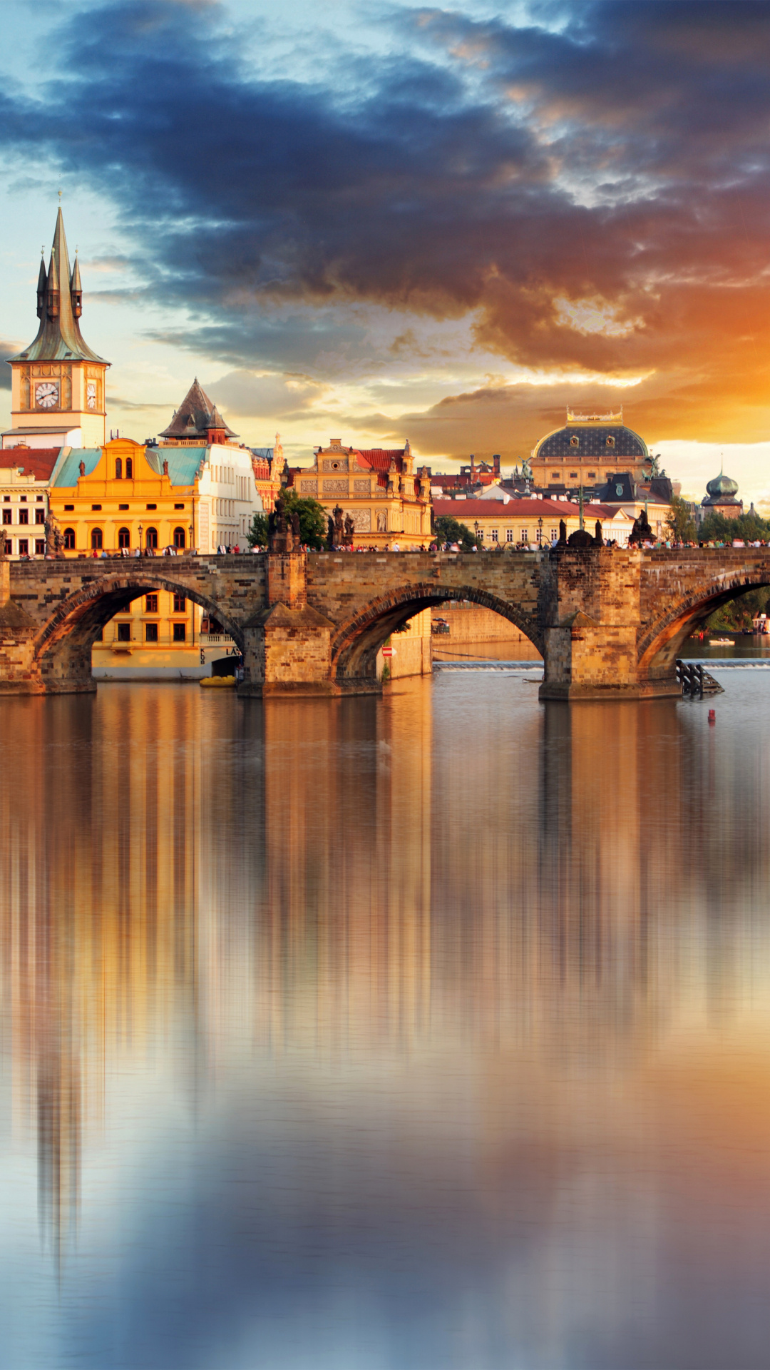 Prague: Charles Bridge, There are 99 watercourses in the city. 1080x1920 Full HD Background.
