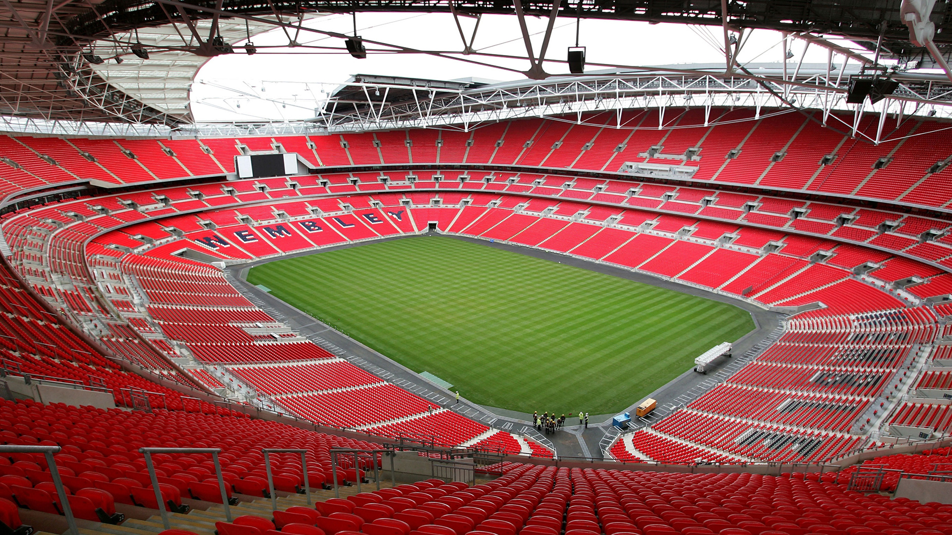 Wembley Stadium: A bowl design with a capacity of 90,000, protected from the elements by a sliding roof. 1920x1080 Full HD Background.