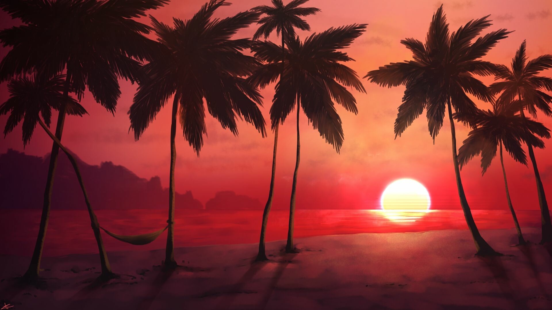 Baum (Natur), tropischer Strandsonnenuntergang, entspannende Palmen, atemberaubende Landschaft, ruhiges Paradies, 1920x1080 Full HD Desktop