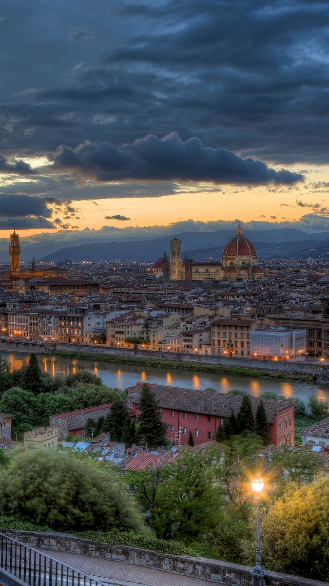 Italy Tuscany, Sunset cityscape, River panorama, Majestic clouds, 1080x1920 Full HD Phone