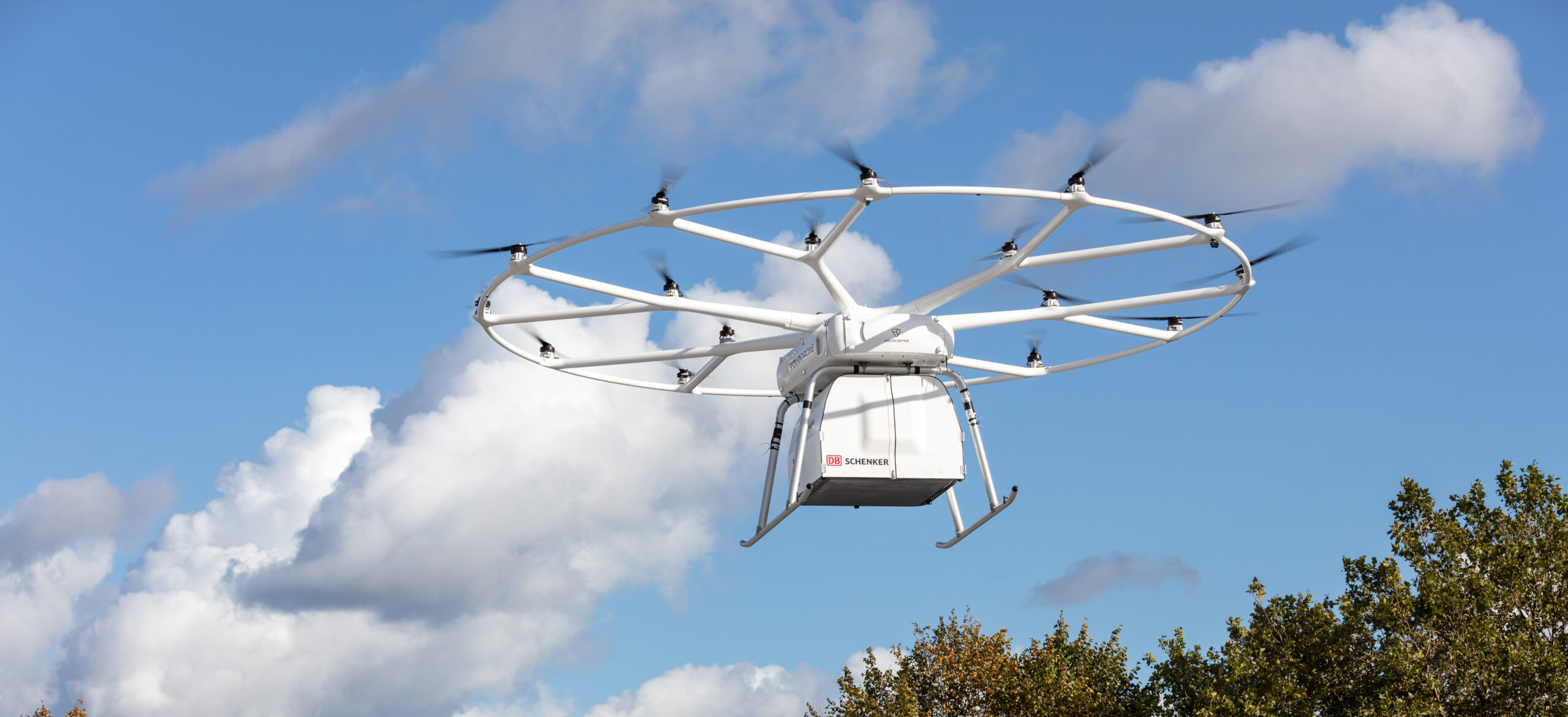 Drone: Volocopter cargo, An aircraft guided by remote control, Multicopter. 2560x1180 Dual Screen Background.