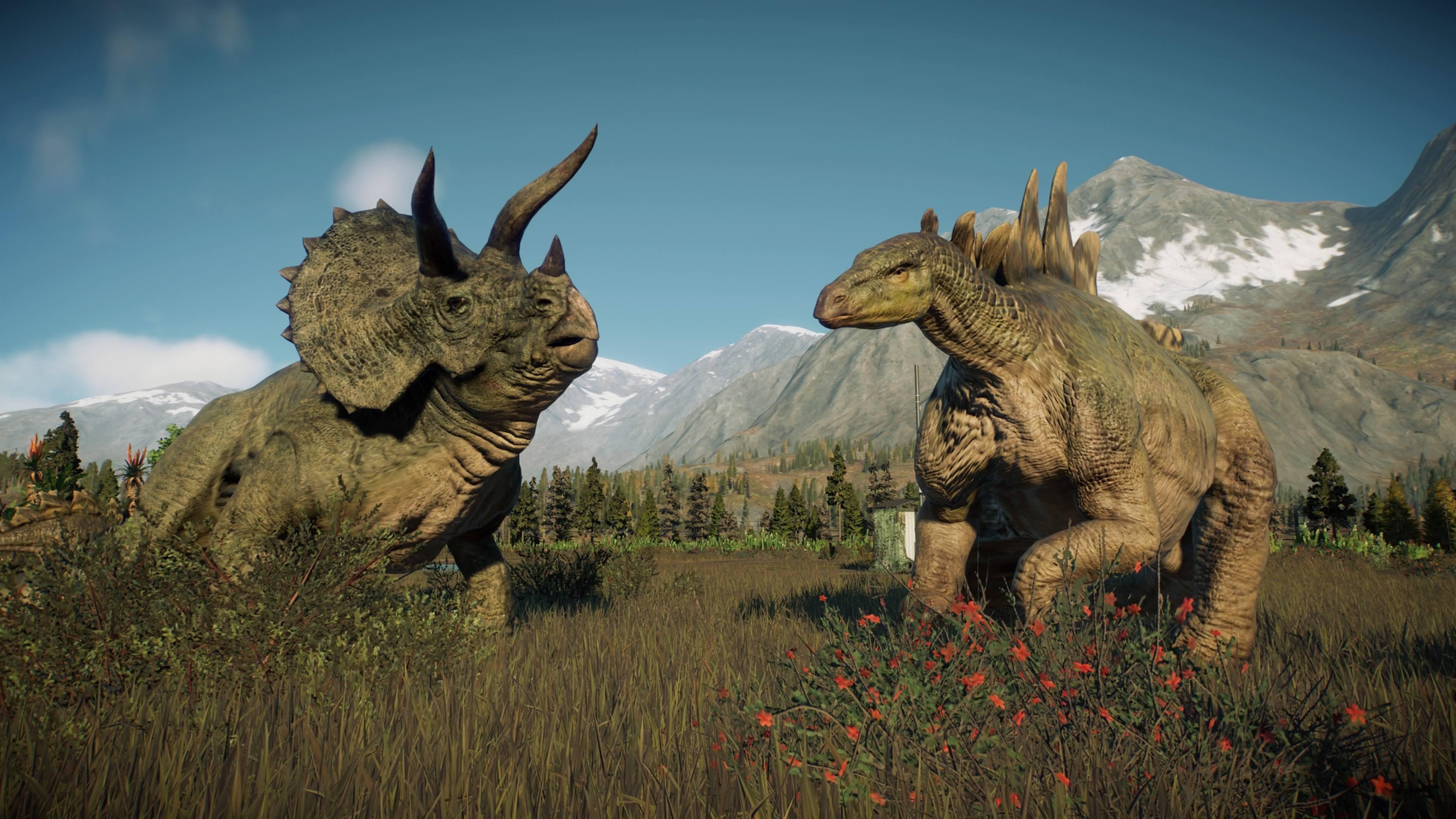Triceratops, Triceratops vs Stegosaurs, Jurassic World Evolution, 3840x2160 4K Desktop