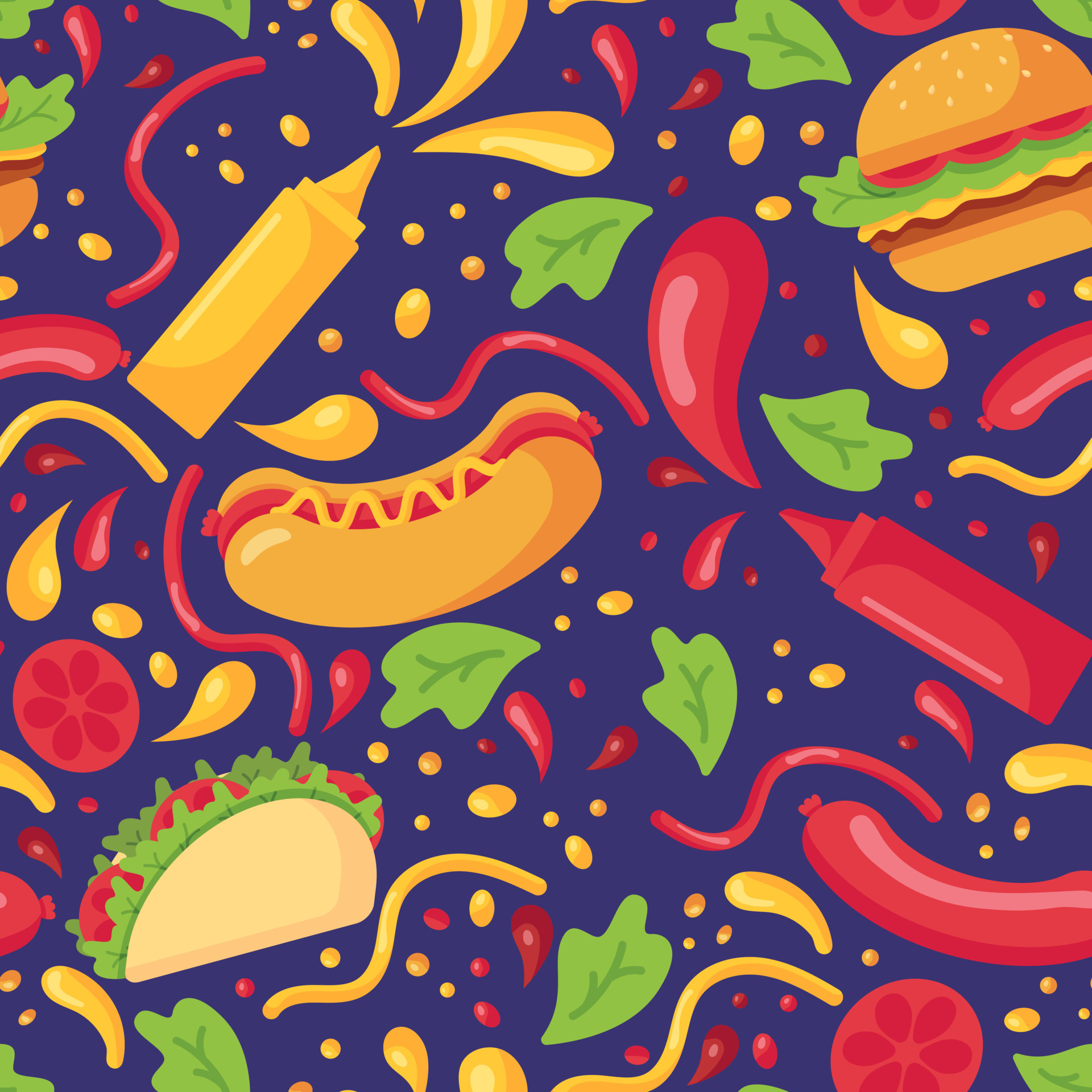 Fast food pattern, Mustard and ketchup, 1920x1920 HD Phone