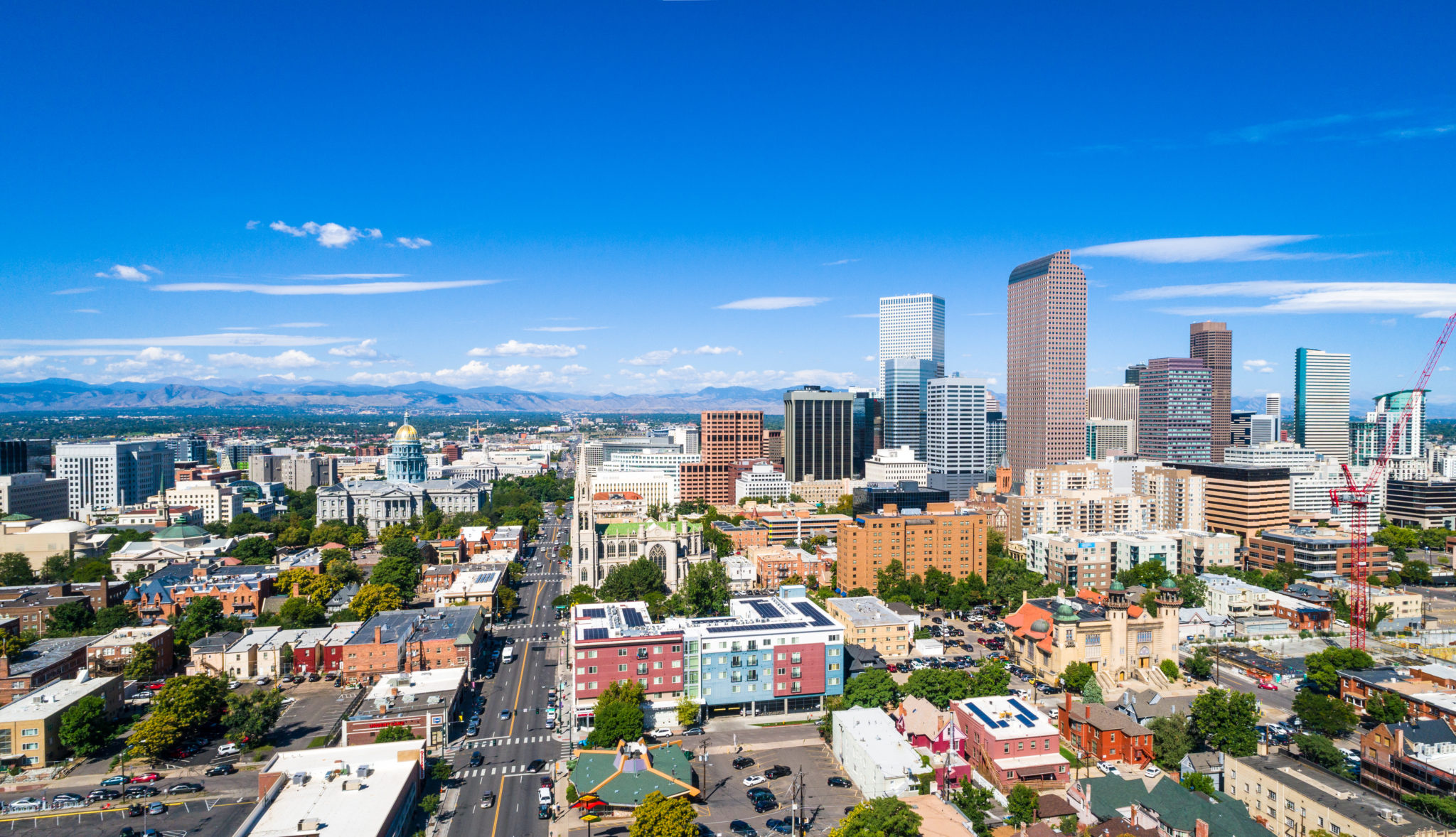 Colorado Skyline, Aerial view, Blue sky, Urban living, 2050x1180 HD Desktop
