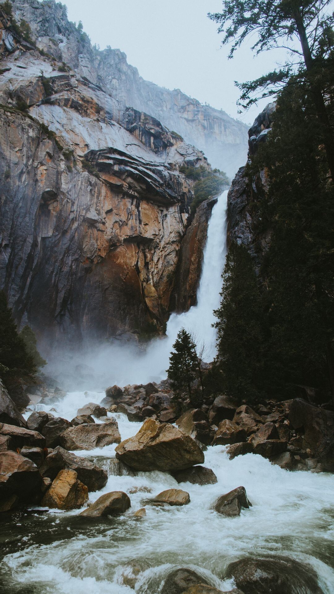 Geology: Waterfall, Yosemite National Park, Woodland, Mountains, Stream. 1080x1920 Full HD Wallpaper.
