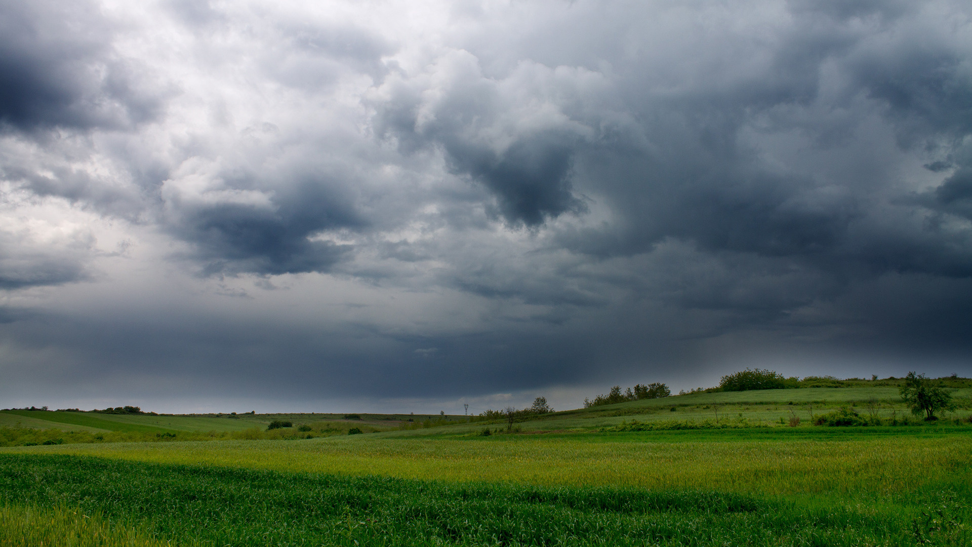 Gray Cloudy Sky: A green, rolling countryside, A black-bellied cloud looming on the horizon, Weather phenomena. 1920x1080 Full HD Background.