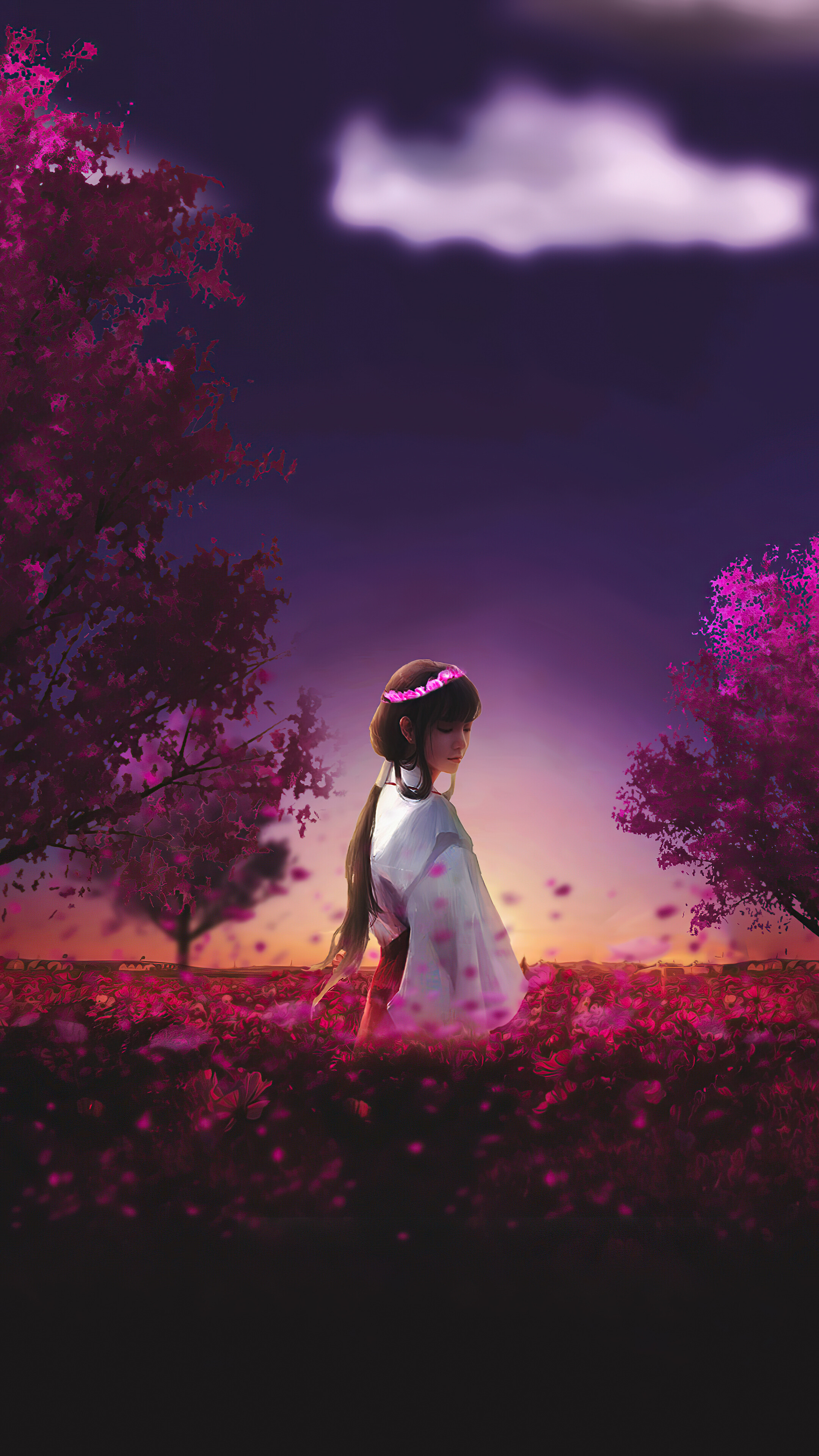 Girly: Ancient anime girl, Traditional Japanese dress, Kimono, The field of purple flowers. 2160x3840 4K Wallpaper.