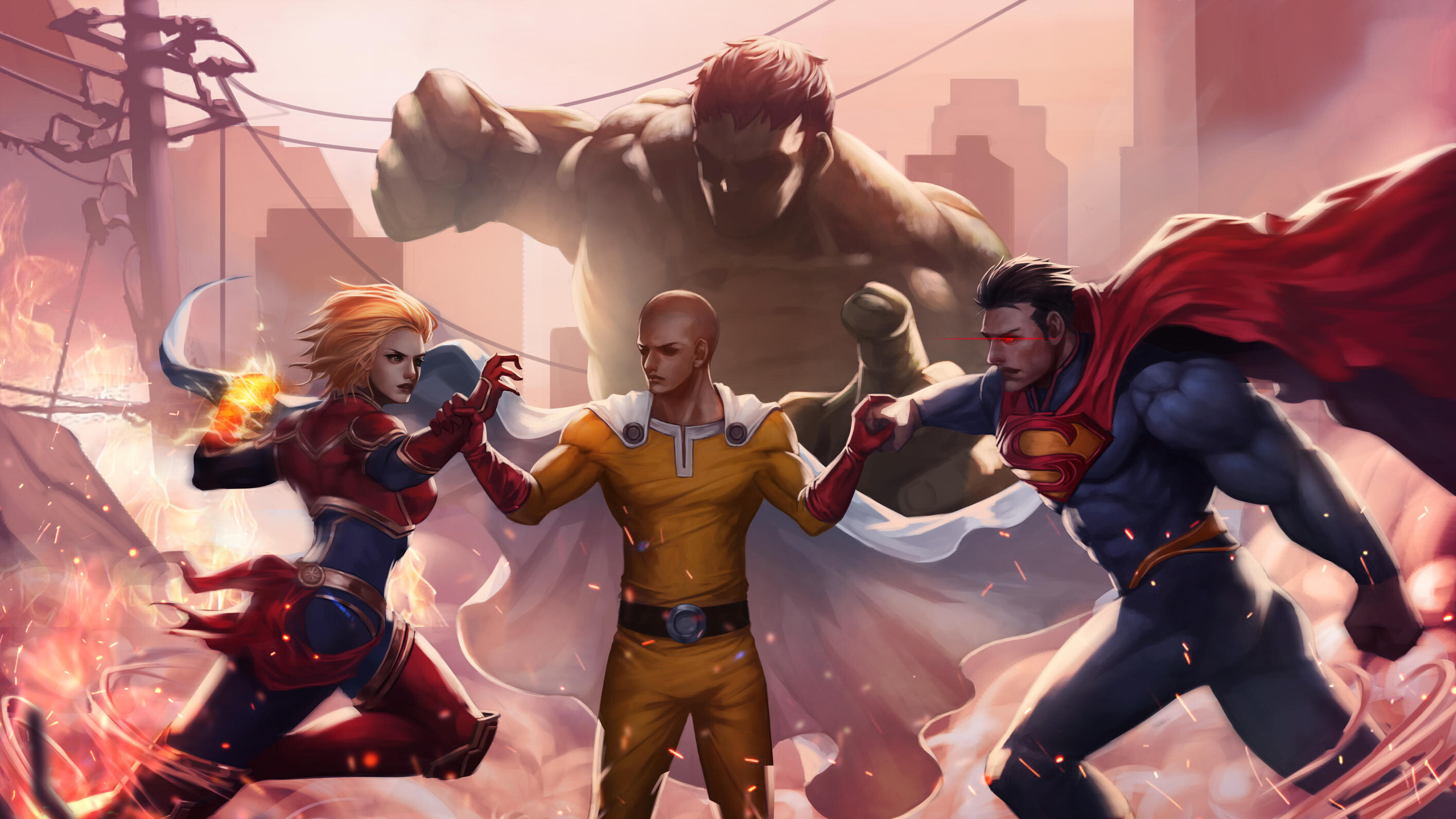 DC vs. Marvel: Superheroes, Superman, Hulk, Captain Marvel/Carol Danvers, Saitama. 2830x1600 HD Wallpaper.