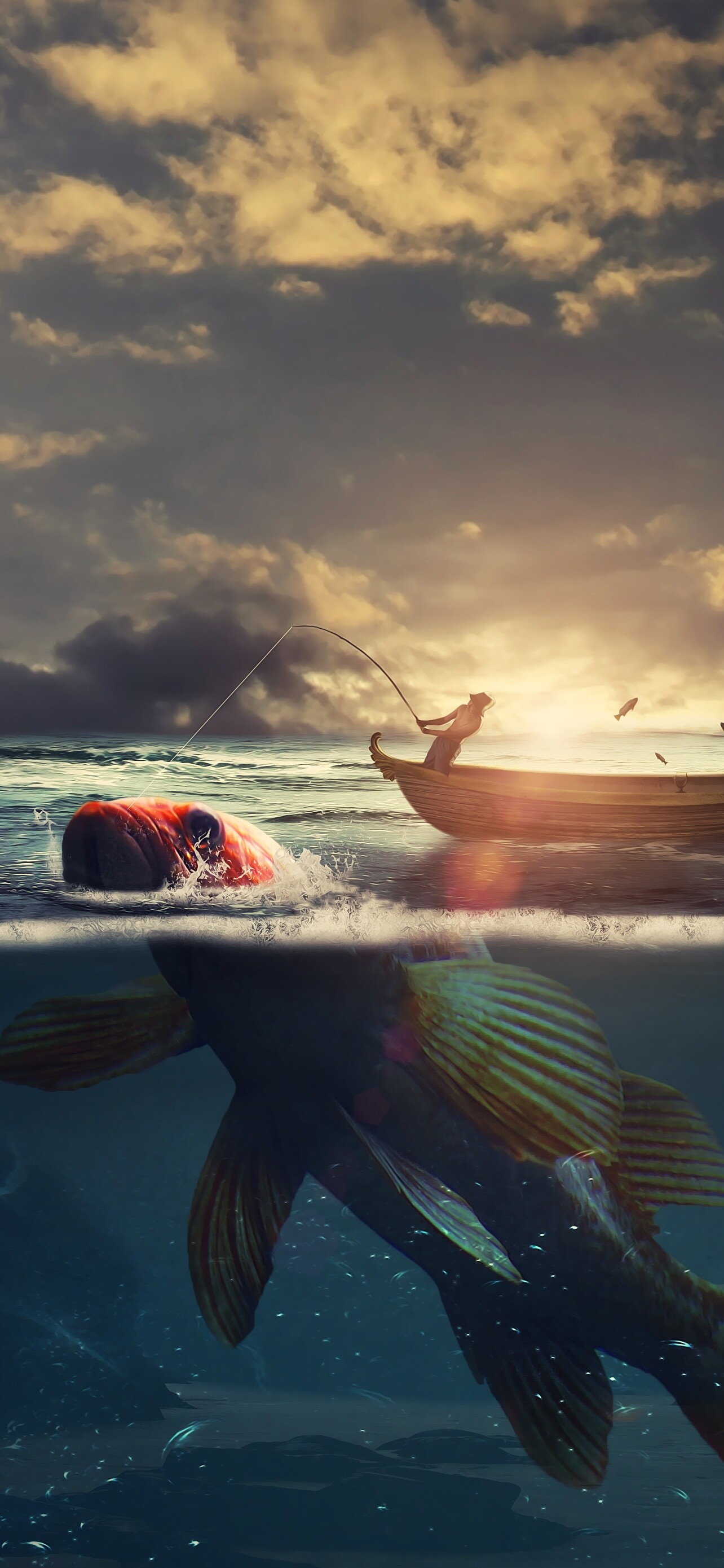 Surreal 4K wallpaper, Fishing boat, Sea sunrise, Underwater fantasy, 1290x2780 HD Phone