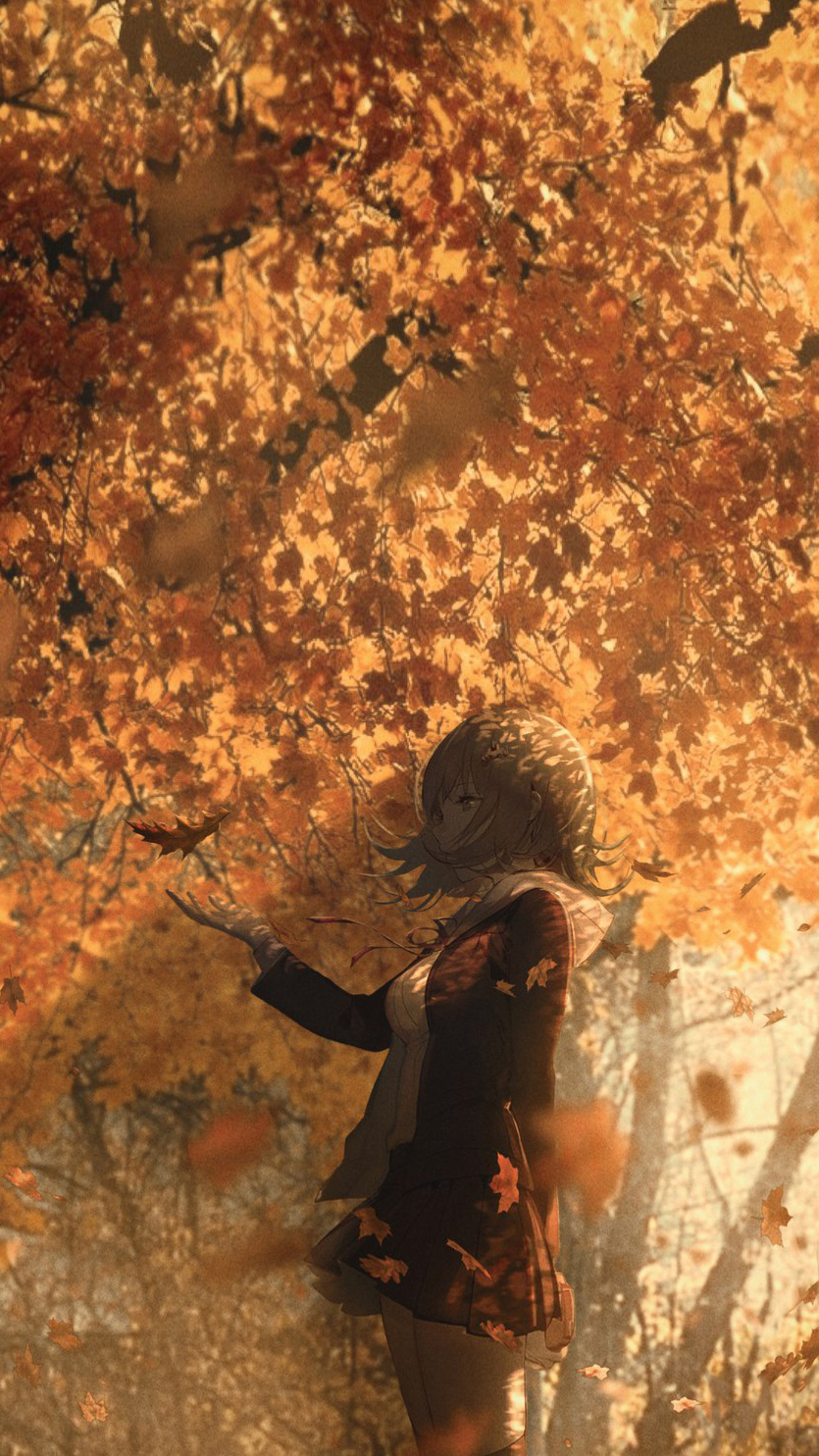 Anime Girl: Autumn, Mystery, Forest, School time. 2160x3840 4K Wallpaper.