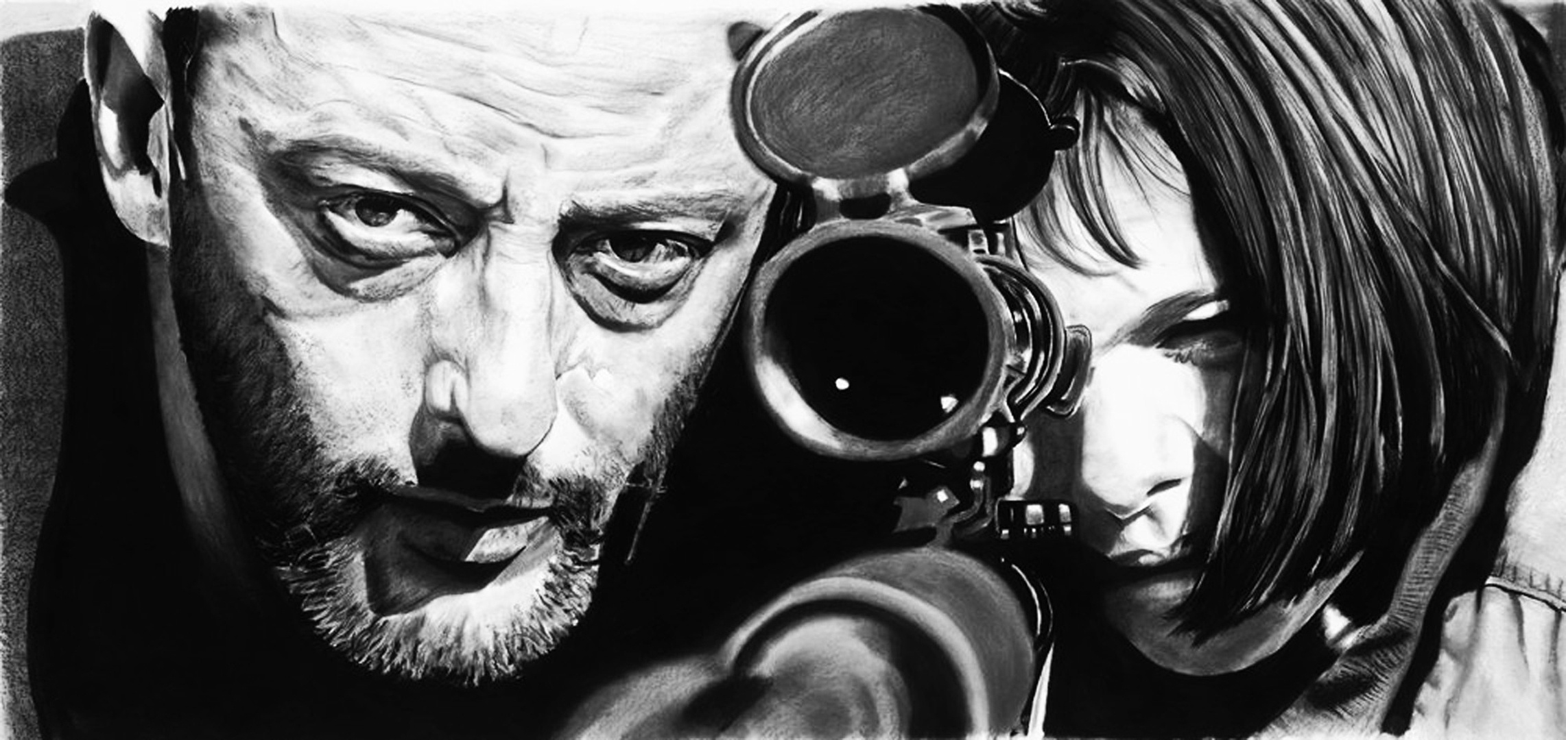 Leon: Black and white, Natalie Portman, Sniper, Jean Reno. 2290x1080 Dual Screen Wallpaper.