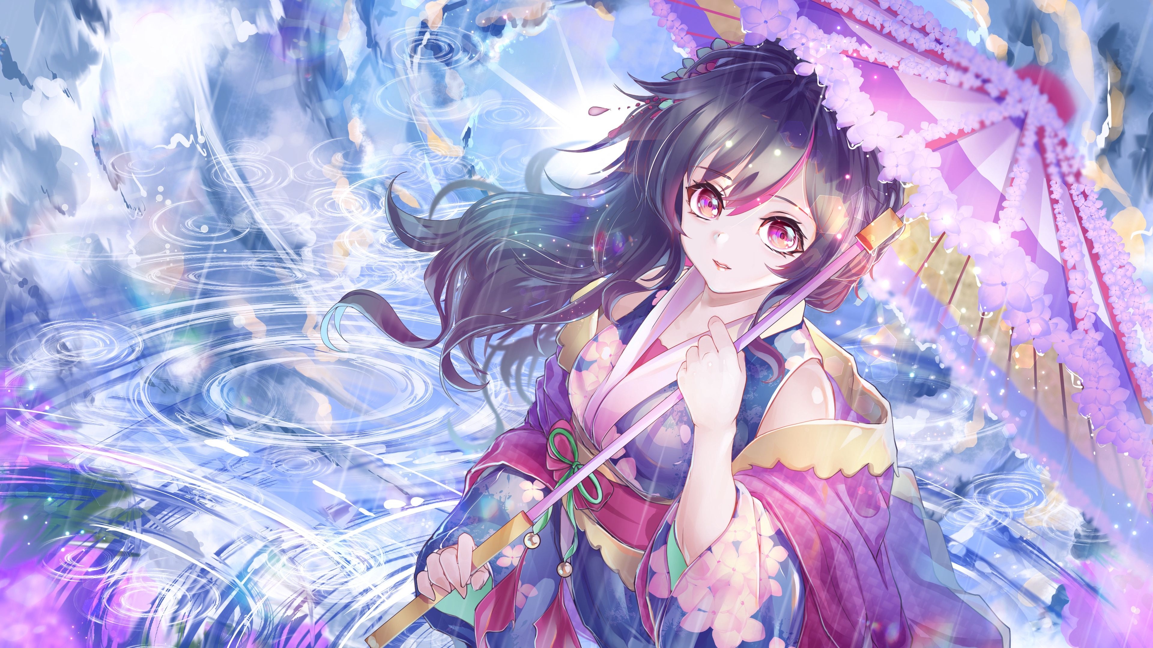 Anime girl, Elegant kimono, Rainy day, Beautiful umbrella, 3840x2160 4K Desktop