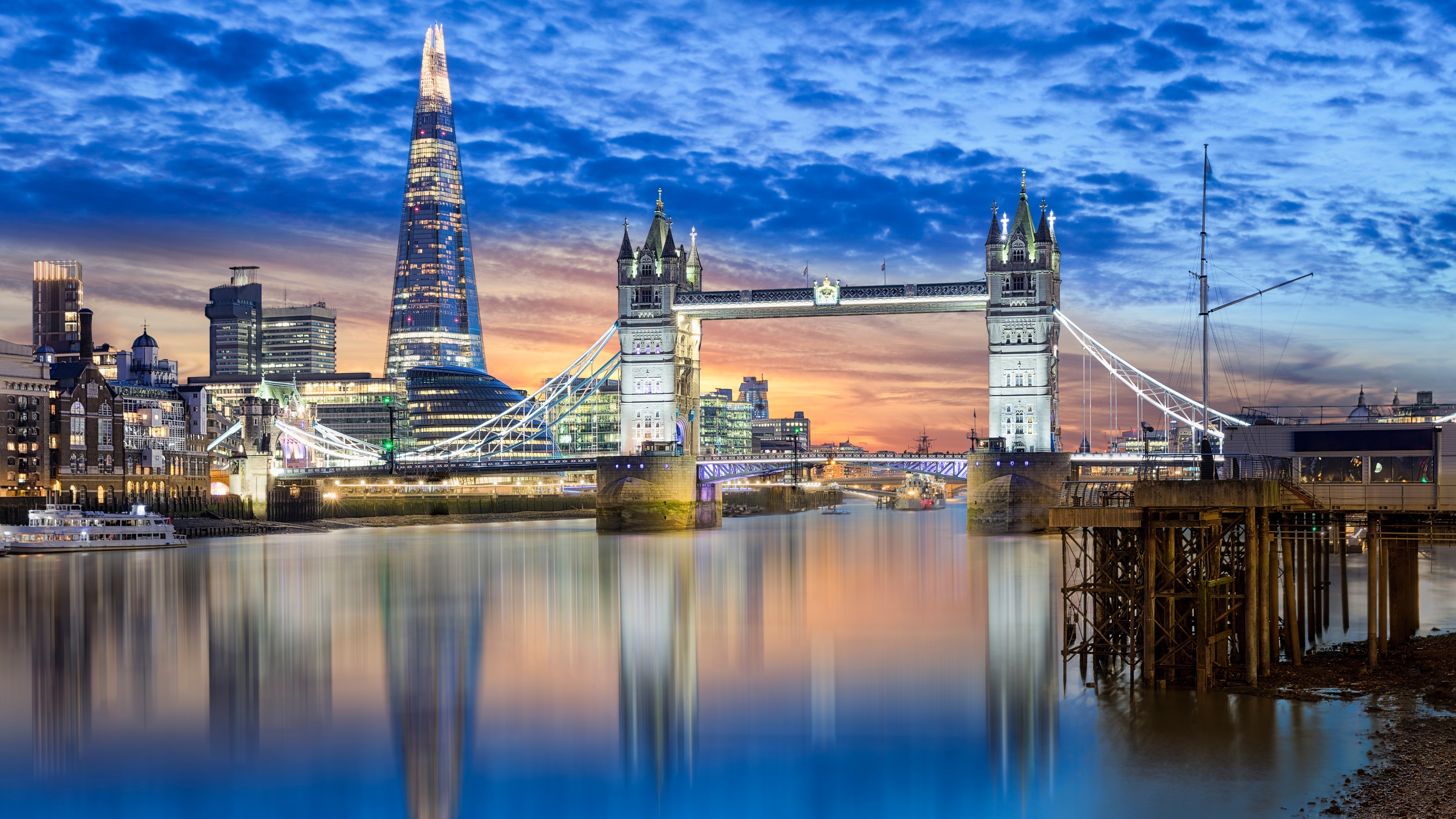 The Shard, Tower Bridge wallpaper, London river, Thames, 3840x2160 4K Desktop