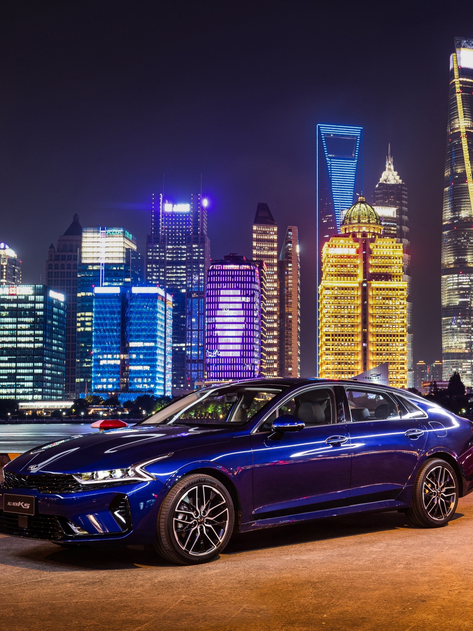 Kia K5 Auto, Shanghai cityscape, Night city lights, 2020 cars, 1540x2050 HD Phone