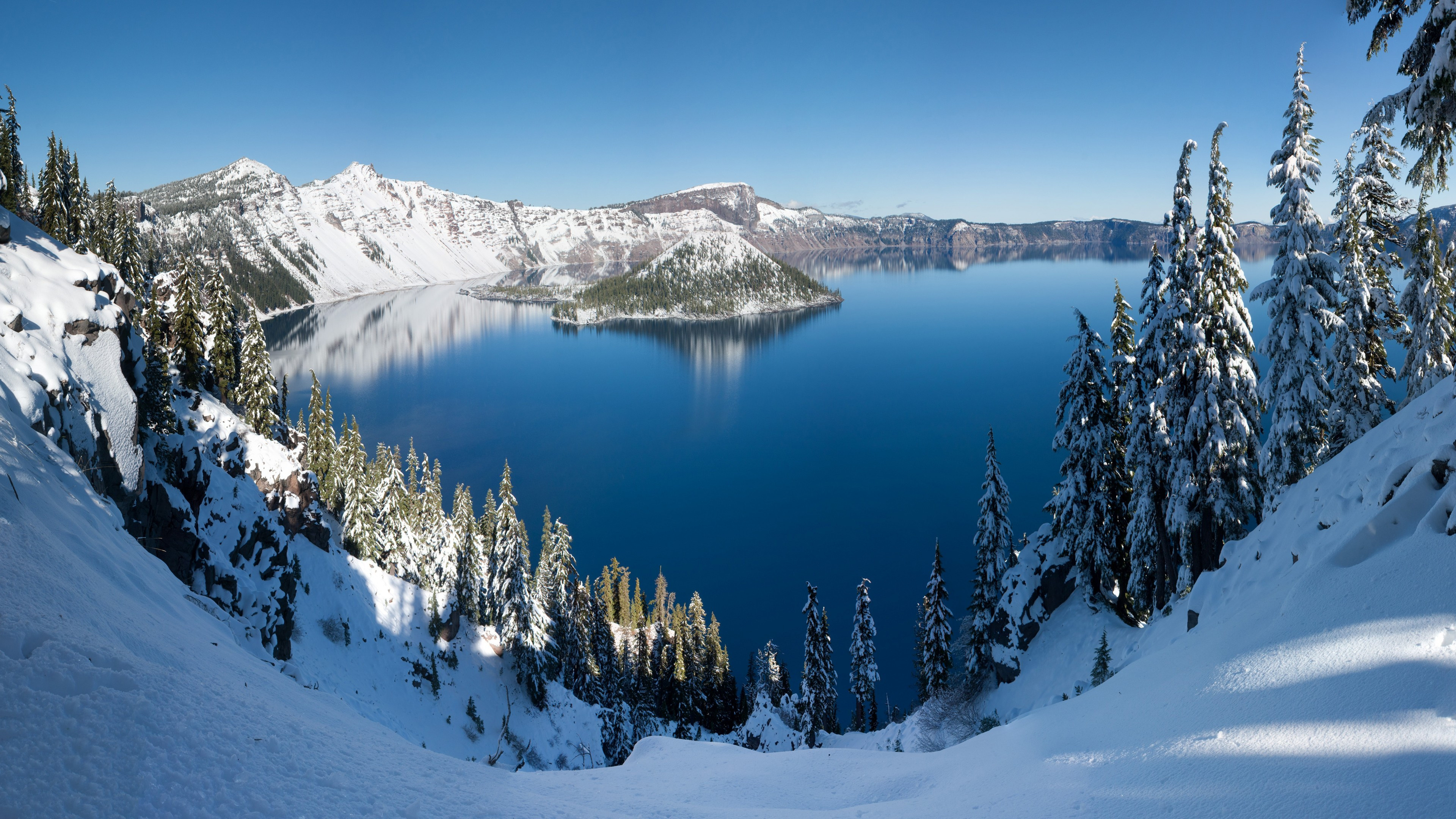 Oregon Crater Lake, Snow winter trees, 3840x2160 4K Desktop