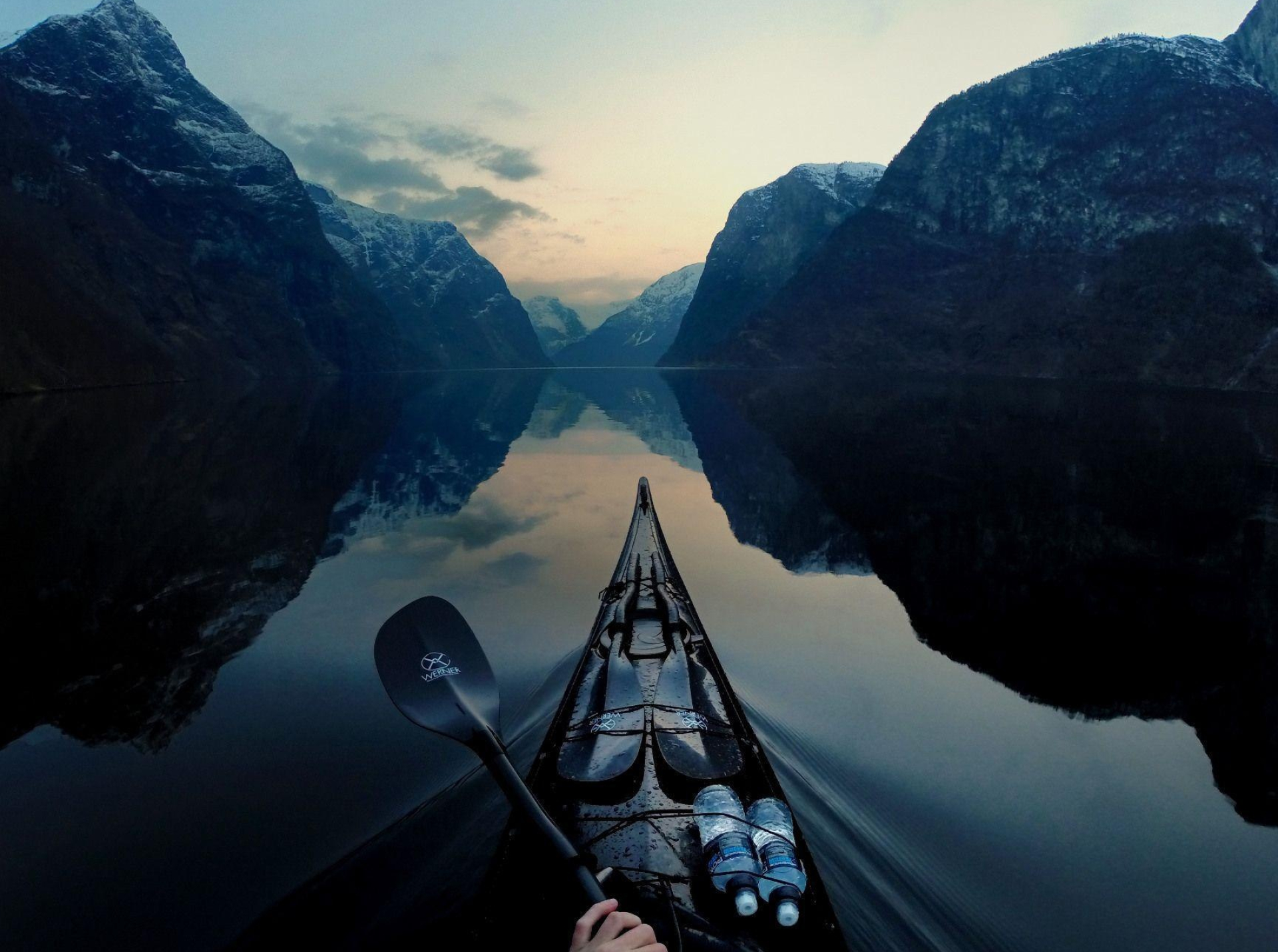 Kayaking: Canoe camping, Expedition canoeing, The use of a small watercraft to travel across the mountain lake. 1920x1440 HD Background.