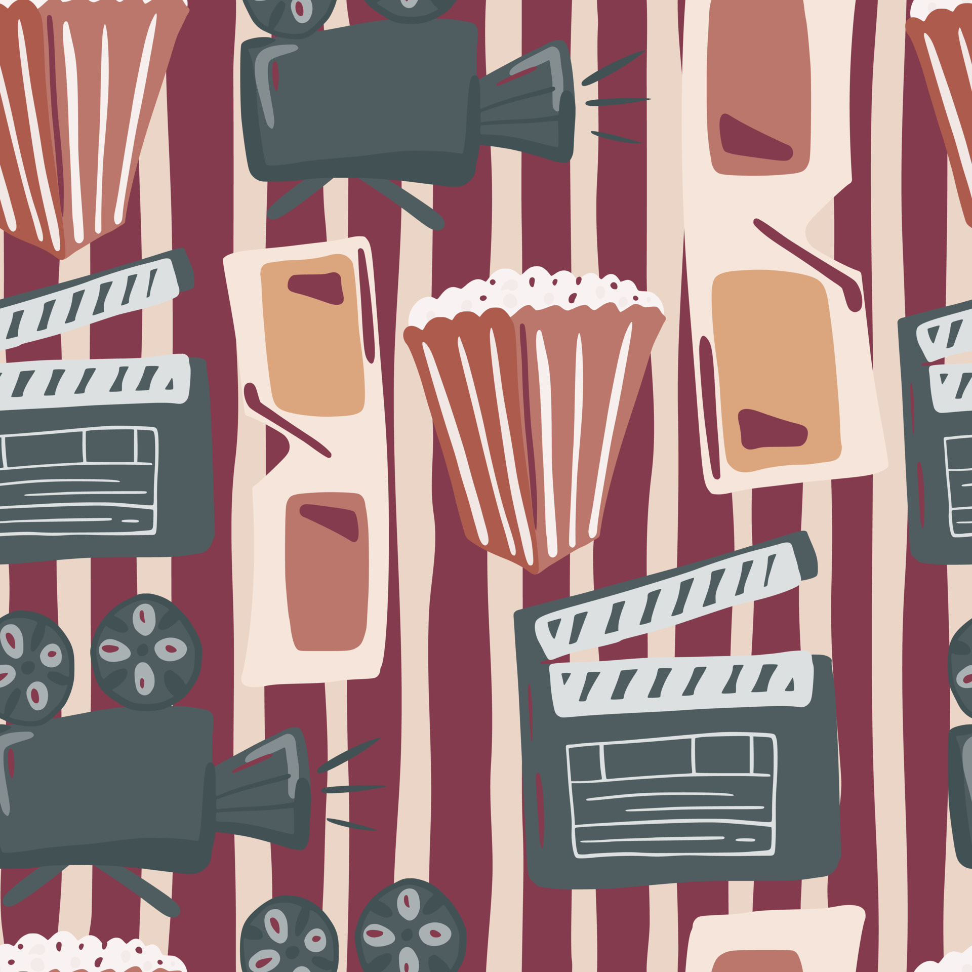 Holywood style seamless, Cinema movie pattern, Popcorn camera 3d, Clapperboard silhouettes, 1920x1920 HD Phone
