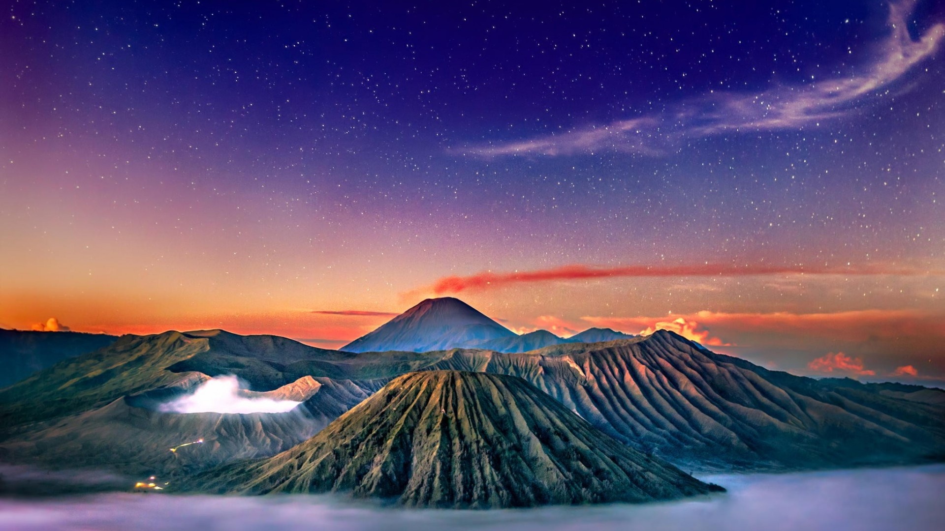 Volcano's enchantment, Starlit sky, Indonesia's gem, Breathtaking landscape, 1920x1080 Full HD Desktop