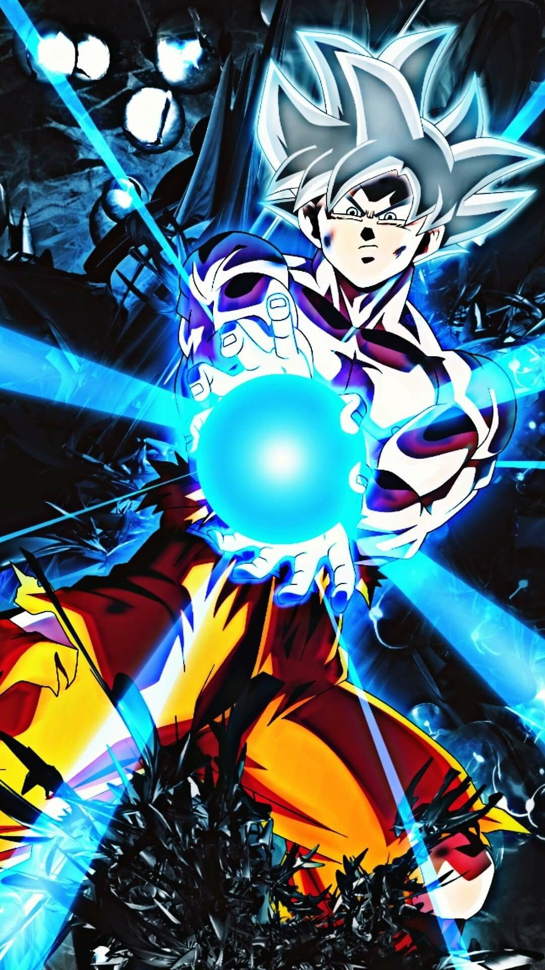 Goku Kamehameha: Anime character shooting out a streaming, powerful beam of energy, Dragon Ball media franchise. 1080x1920 Full HD Background.