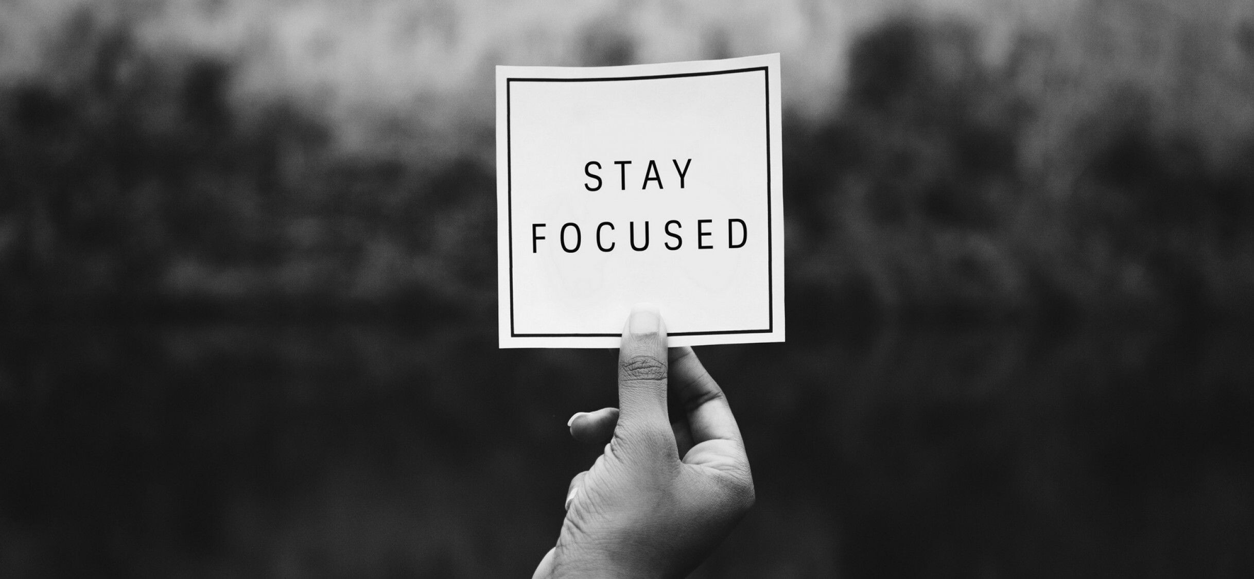 Goal (Aim): Stay focused, Monochrome, Inspirational phrases, Self motivation. 2440x1130 Dual Screen Background.