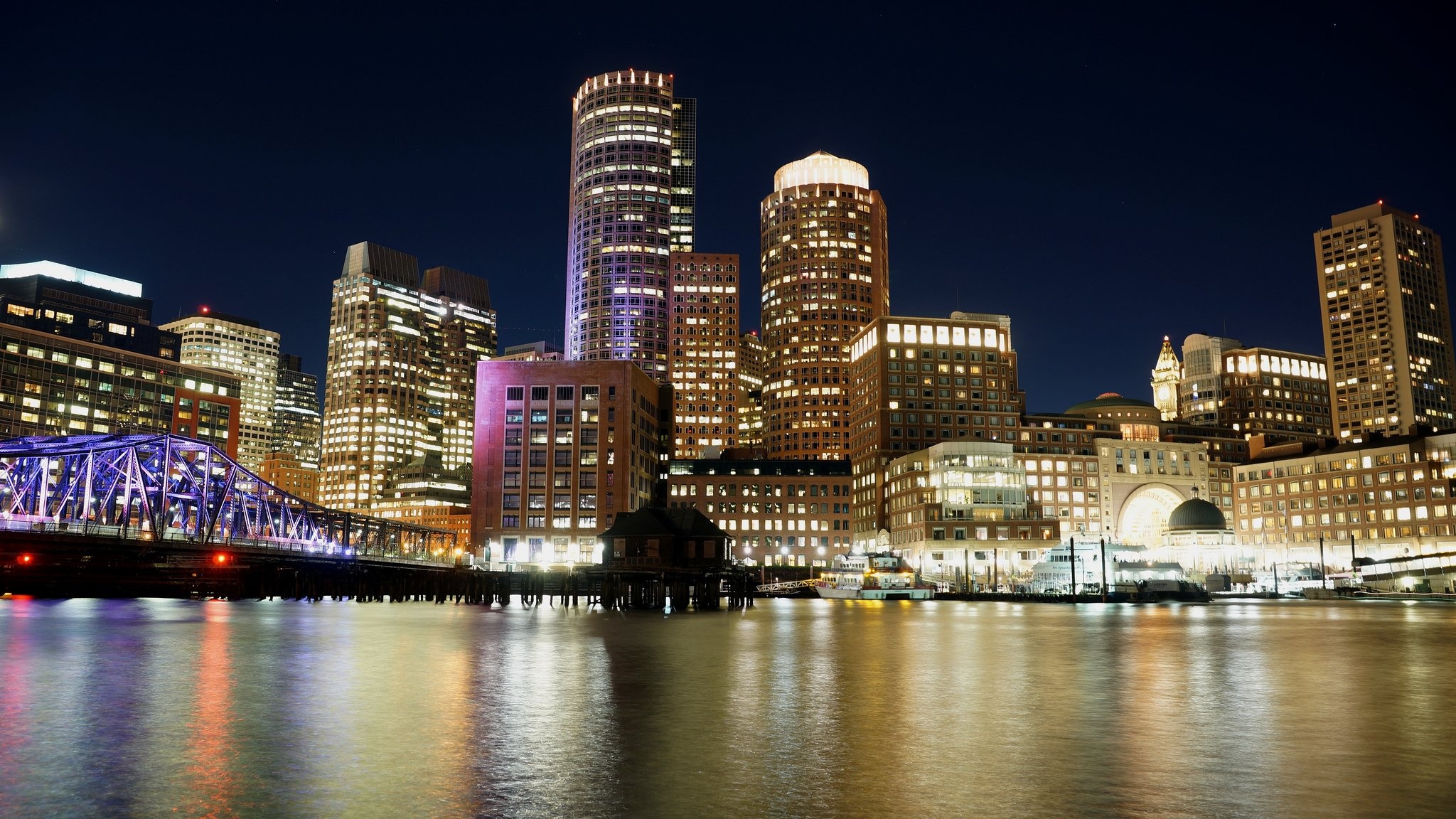 Massachusetts, Architecture bridges, City night skyline, 2050x1160 HD Desktop