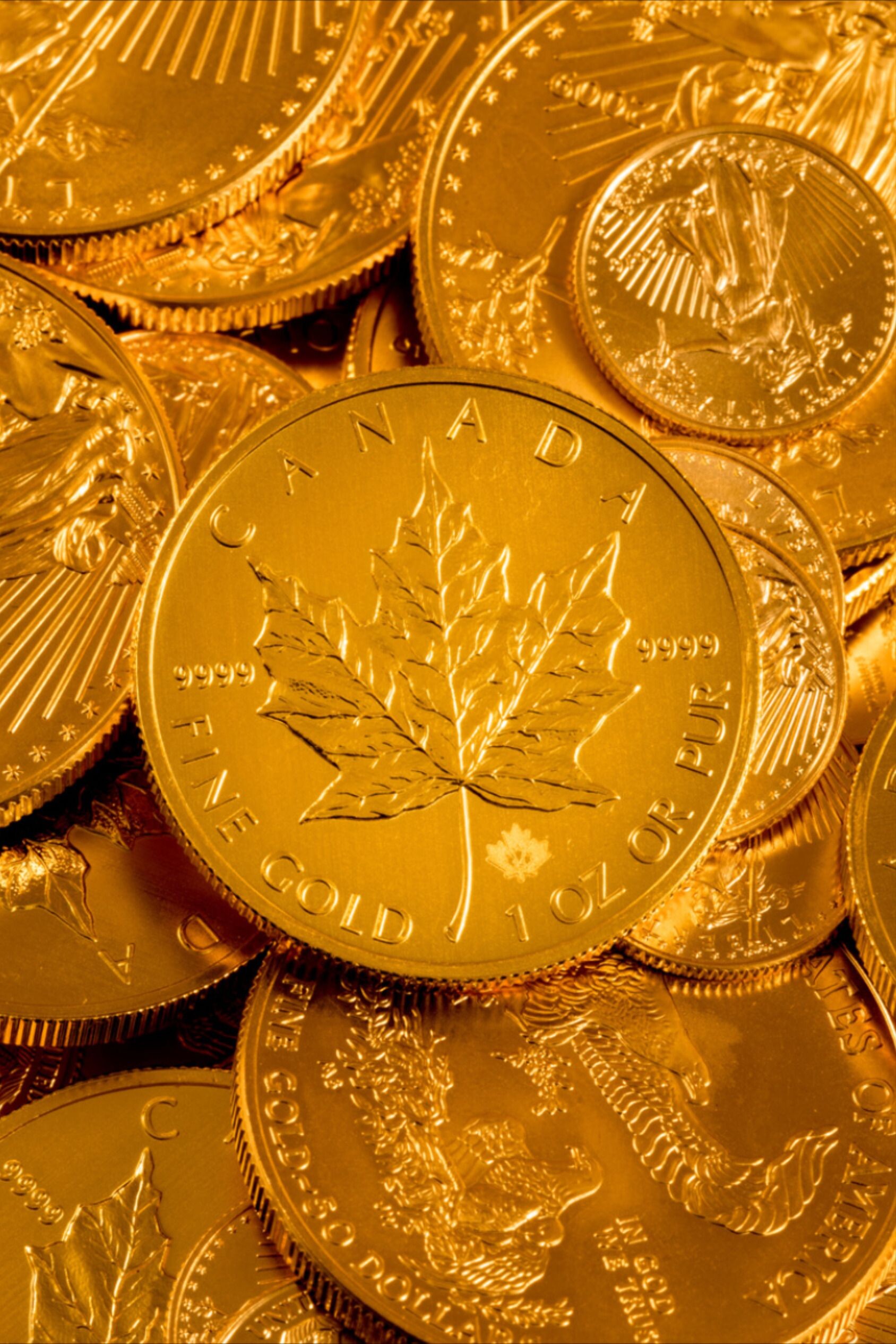 Gold Coins: Canadian Gold Maple Leaf, A gold bullion coin issued by the Government of Canada. 1690x2540 HD Background.