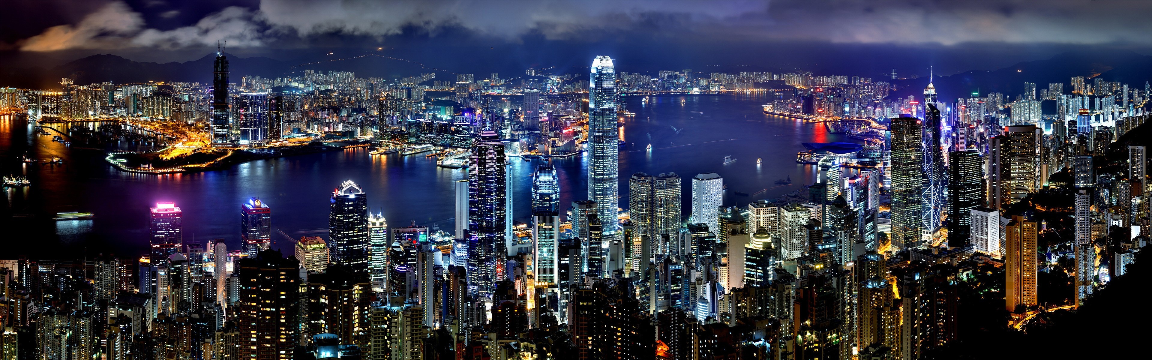 Asia, Travel destination, Hong Kong city night, Skyscraper lights, 3840x1200 Dual Screen Desktop