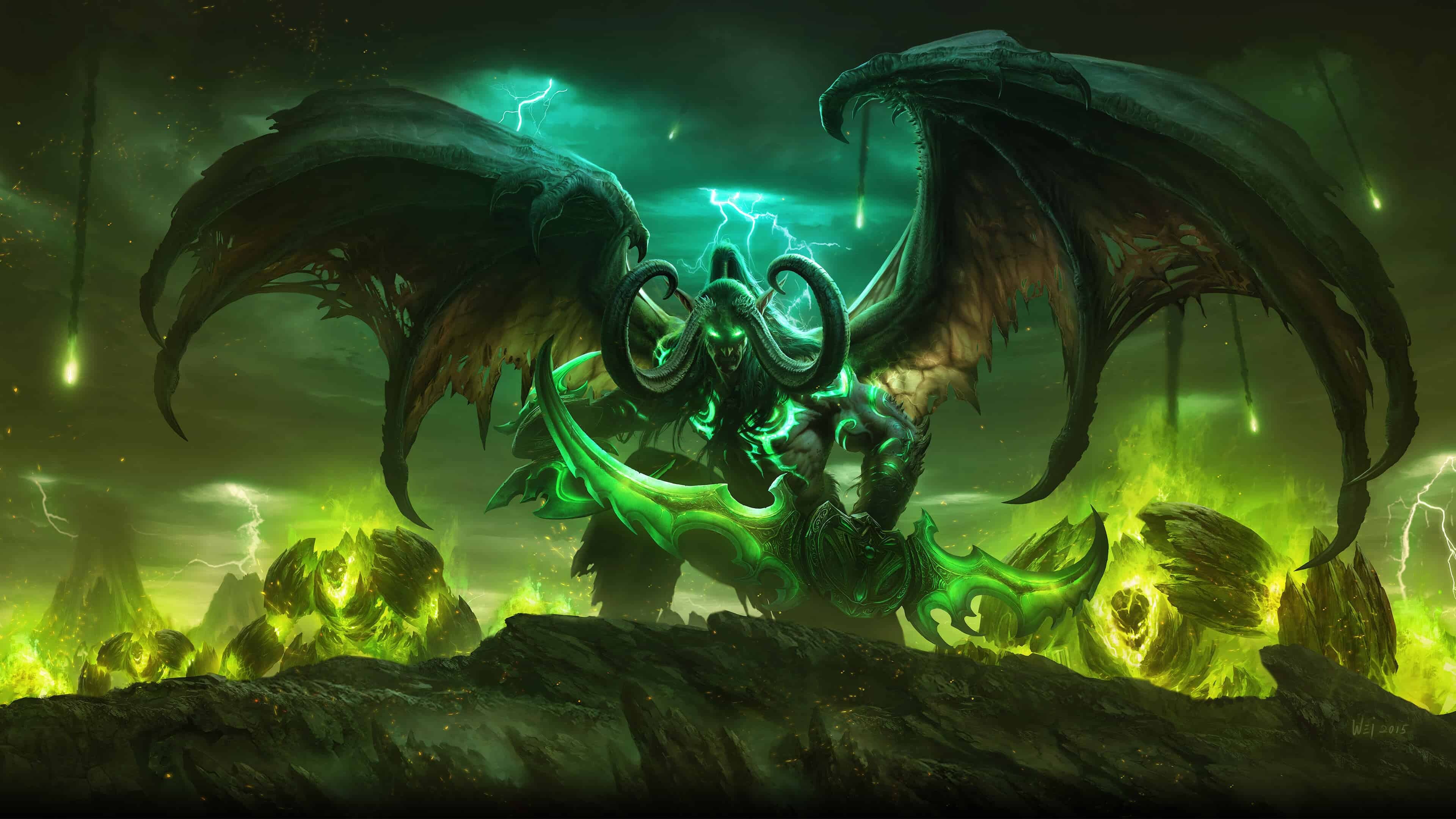 World of Warcraft: WoW Legion, Illidan Stormrage, Demon Hunter and Lord of the Outland. 3840x2160 4K Wallpaper.
