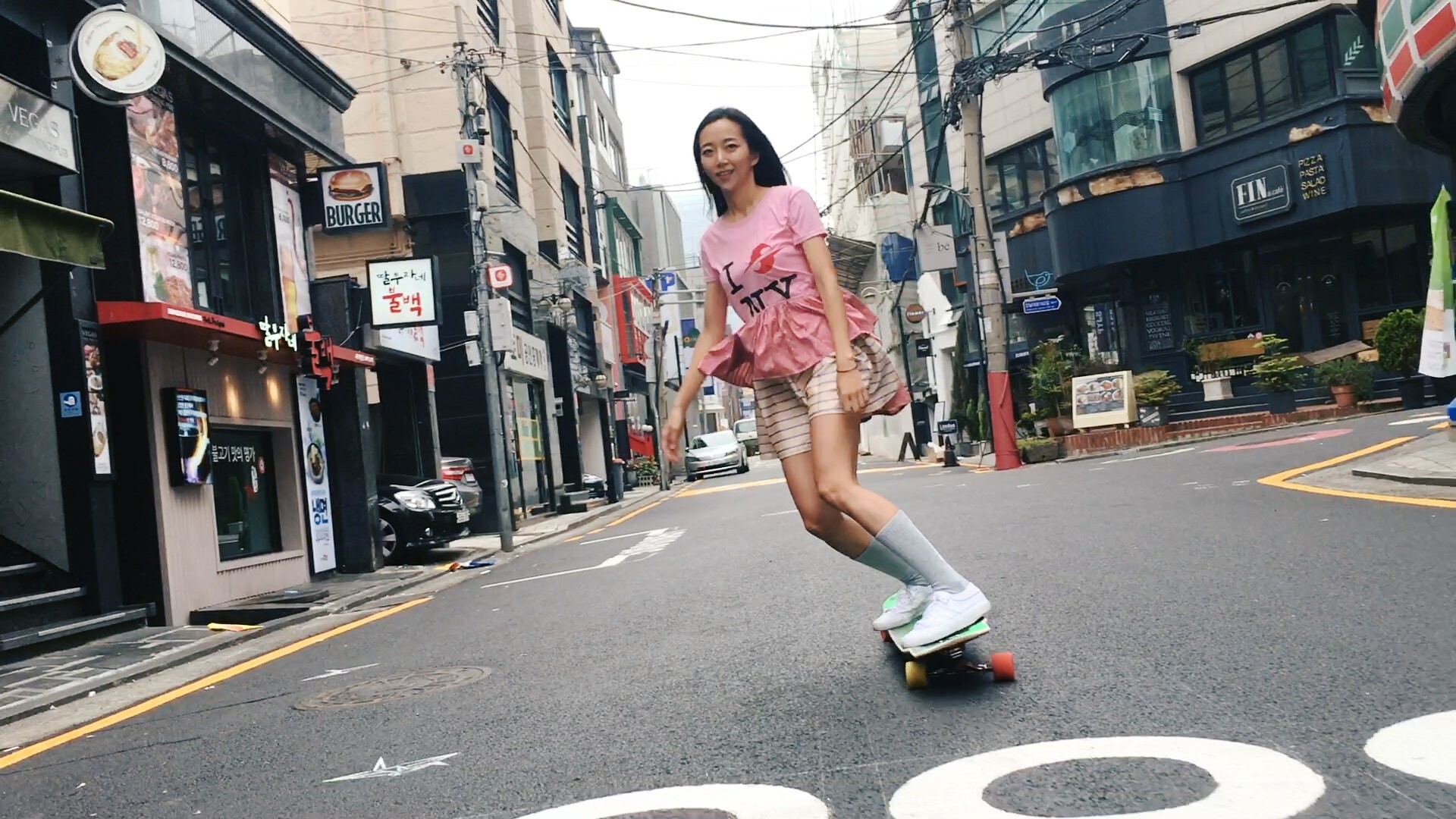 Girl Skateboarding: South Korean longboarder Ko Hyojoo, Seoul, Riding and performing tricks using a longboard. 1920x1080 Full HD Wallpaper.