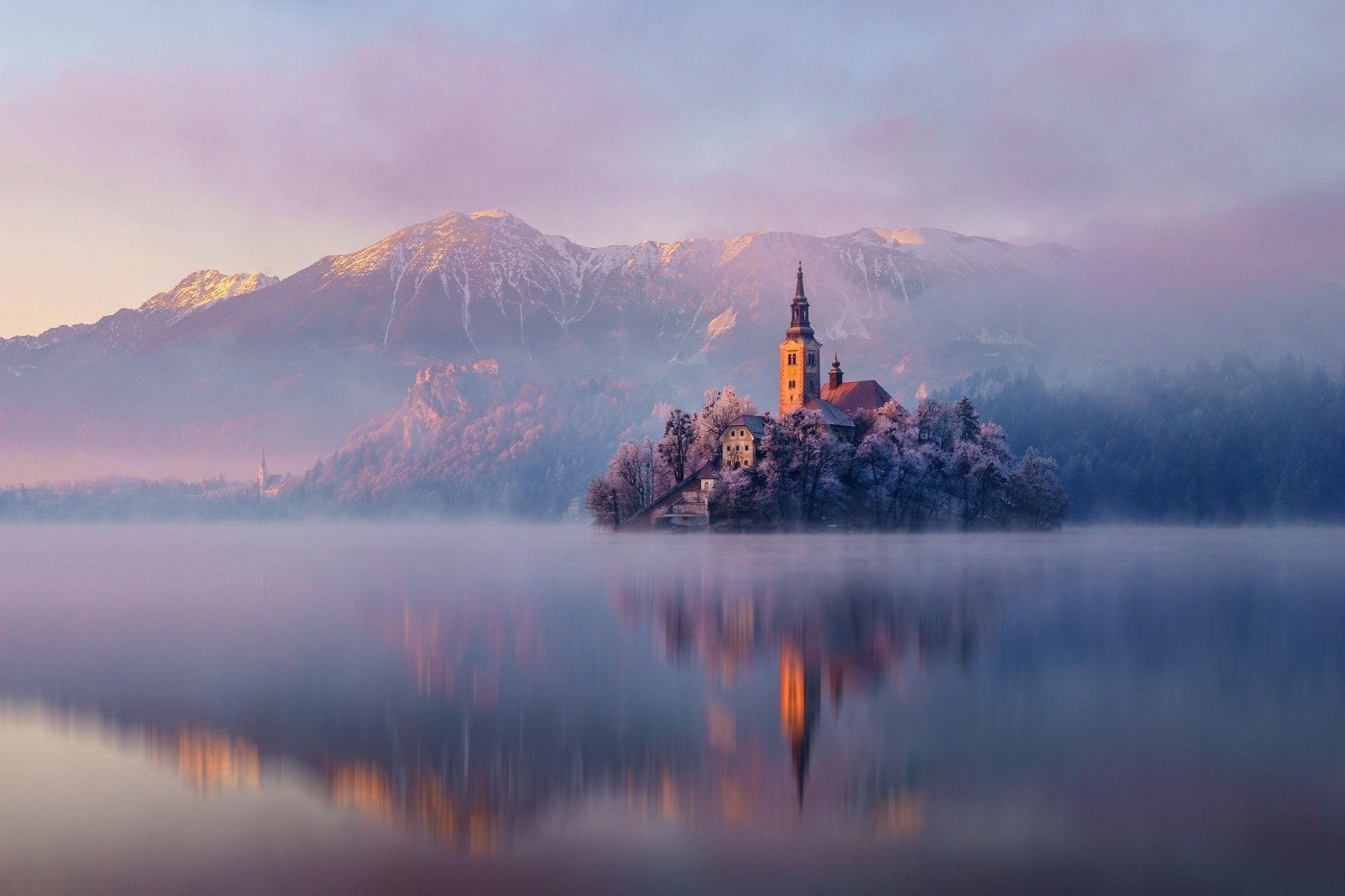 Lake Bled, Snowy church, Church wallpapers, Winter, 2050x1370 HD Desktop