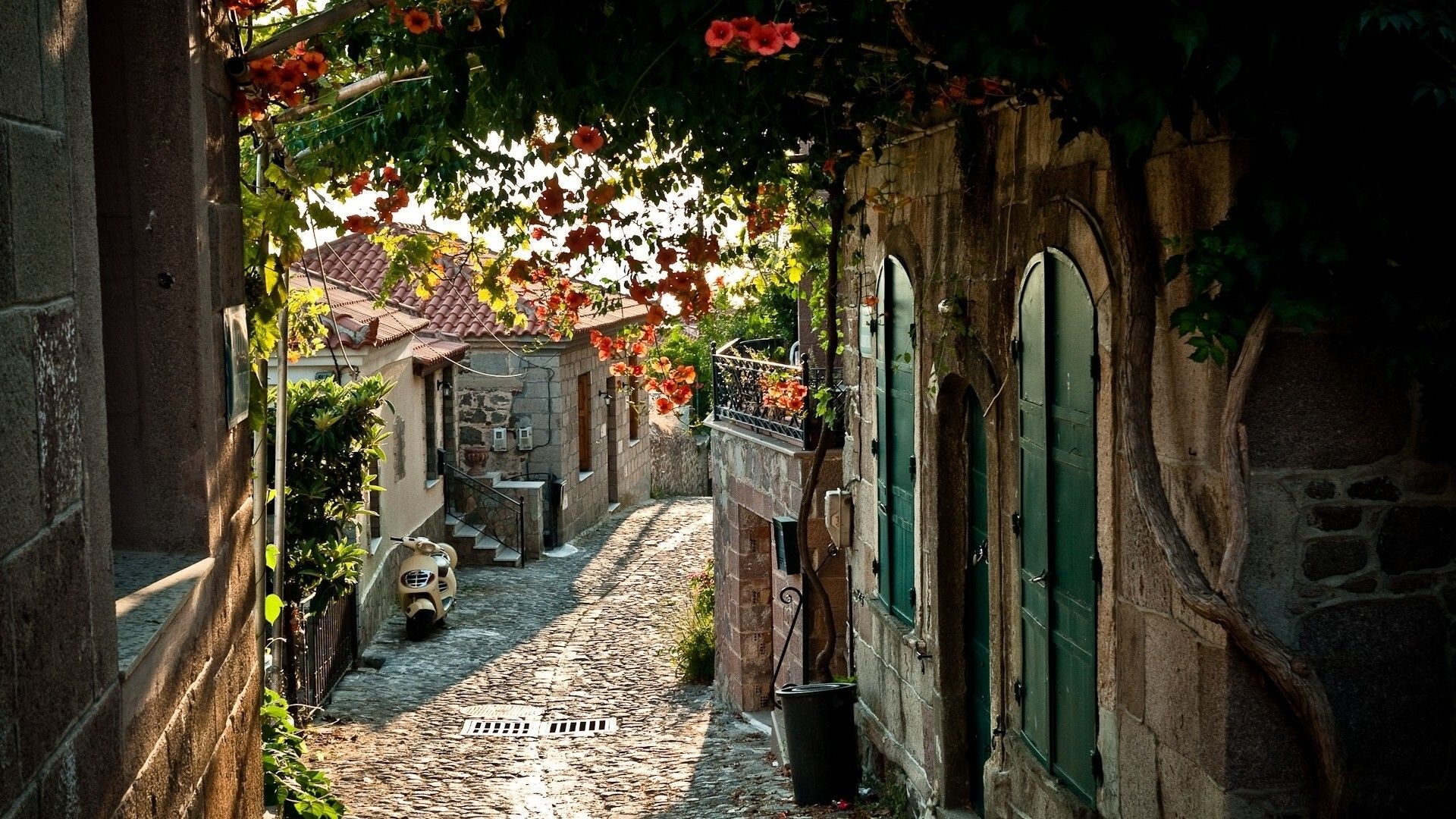 Alley: Narrow Italian cobblestone road in the old town, Shady place in the heart of medieval town, Northern Italy. 1920x1080 Full HD Background.