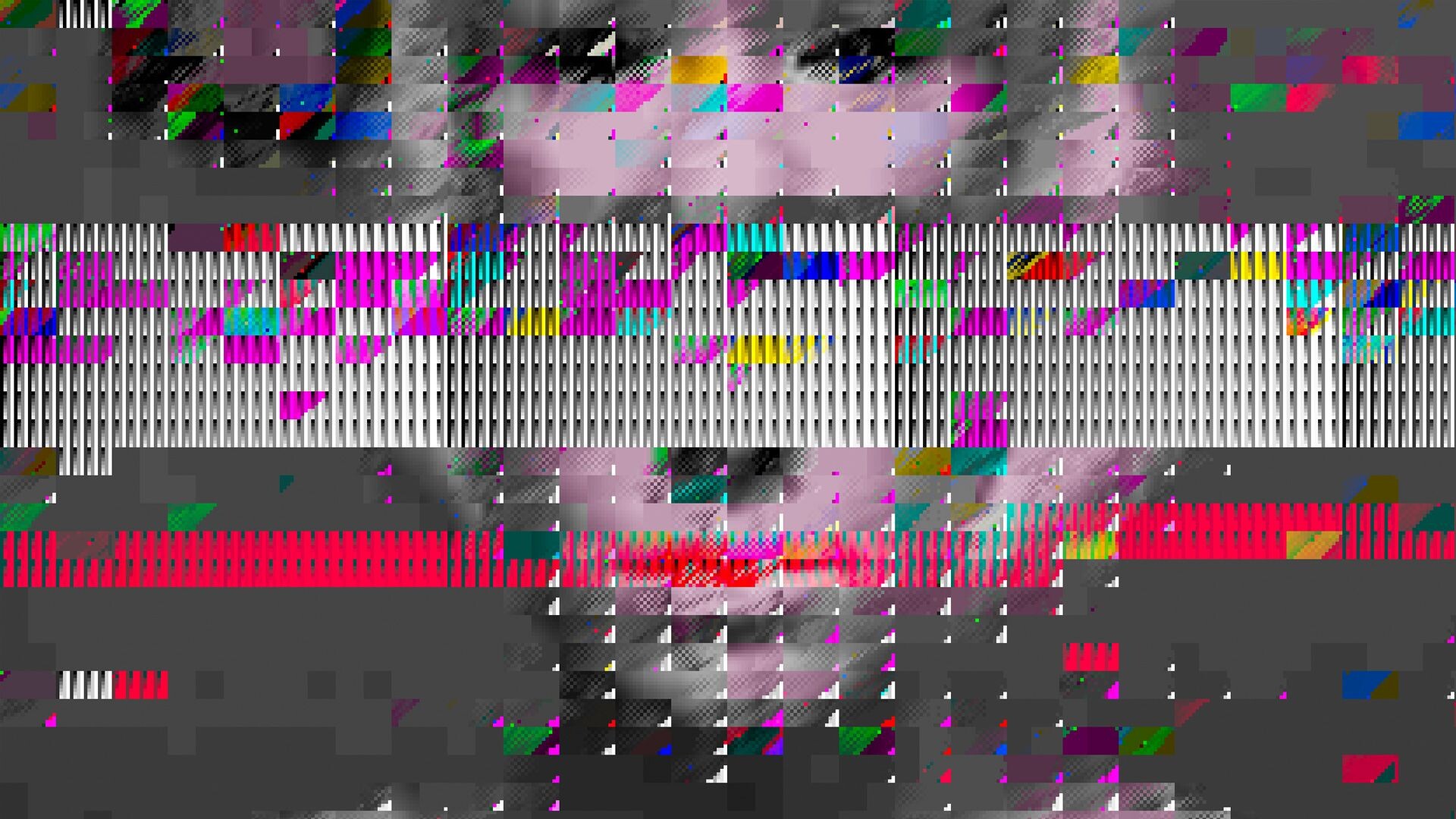 Glitch: A defect in a computer program, Multicolored polygonal figures, Pixels. 1920x1080 Full HD Wallpaper.