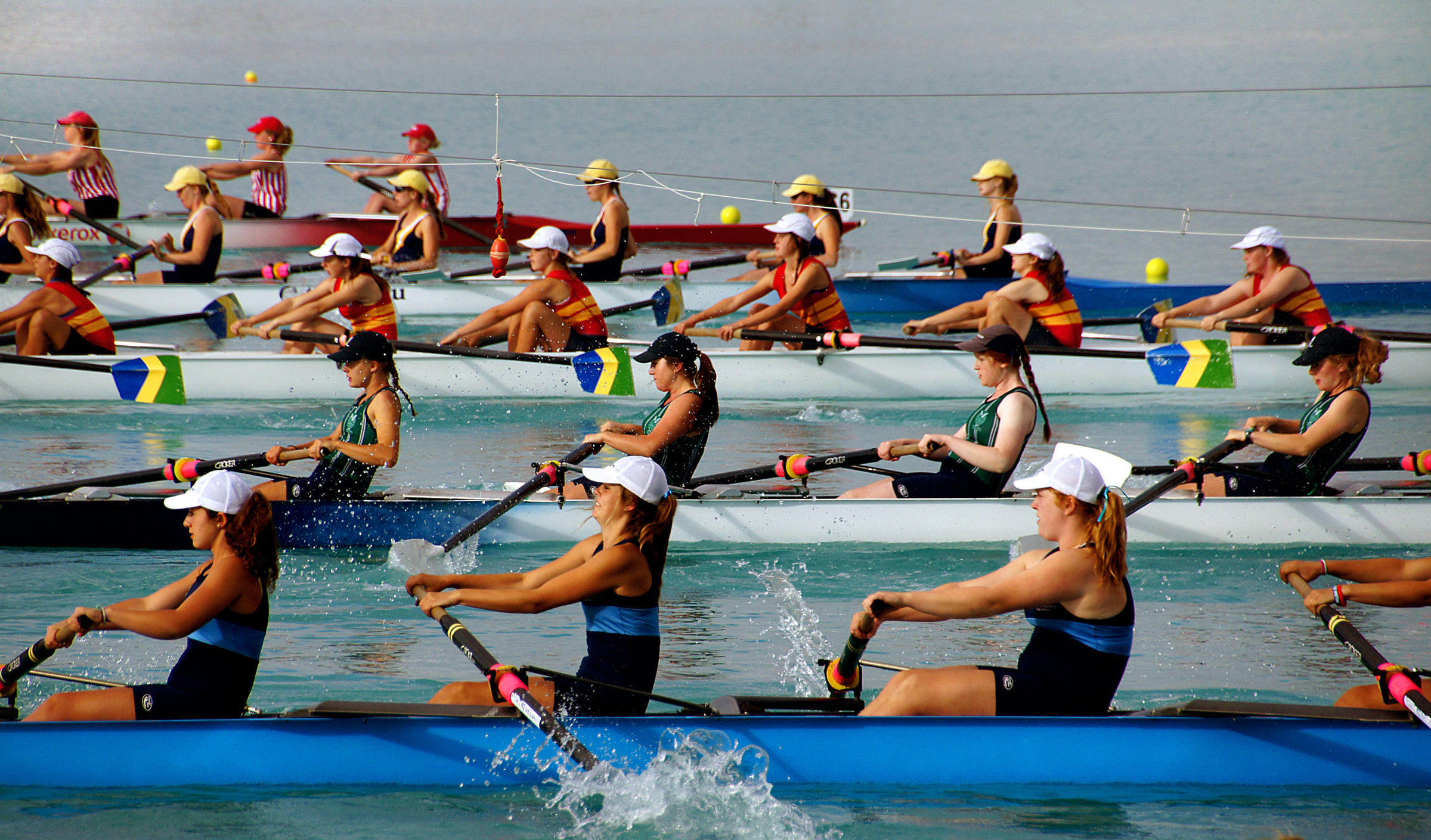 Rowing: A competitive sweep pulling, The women's team event, Regatta. 2400x1410 HD Wallpaper.