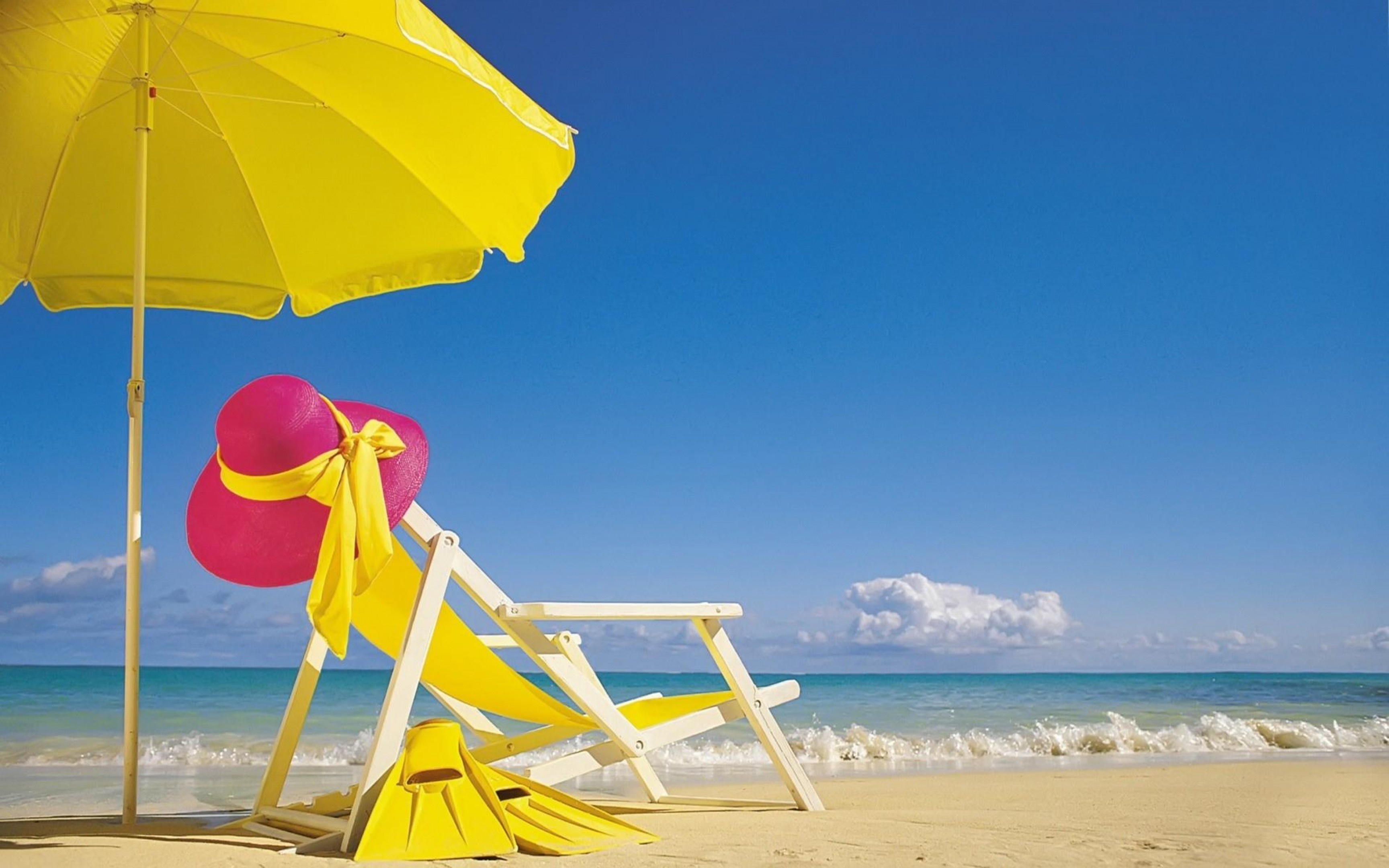 Beach Umbrella: Summer season, Yellow bumbershoot, Tropical resort. 3460x2160 HD Wallpaper.