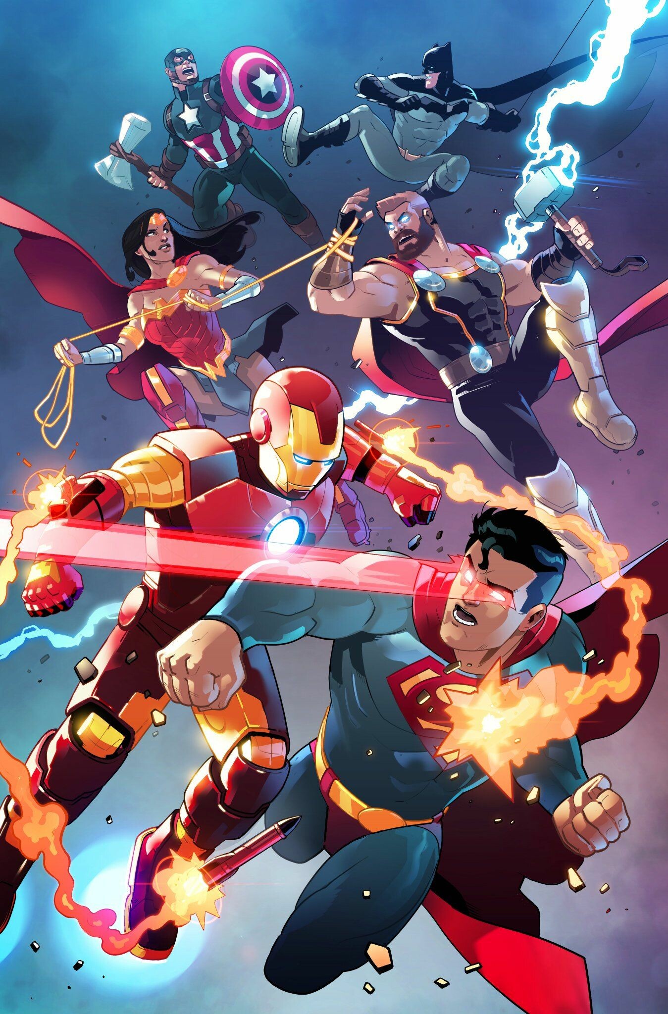 DC vs. Marvel: Batman, Superman, Captain America, Iron Man, Thor, Wonder Woman. 1350x2050 HD Background.