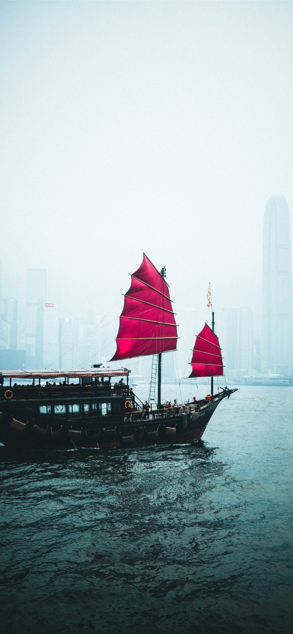 Hong Kong: Junk boat, Downtown, Watercourse, China. 1250x2690 HD Wallpaper.