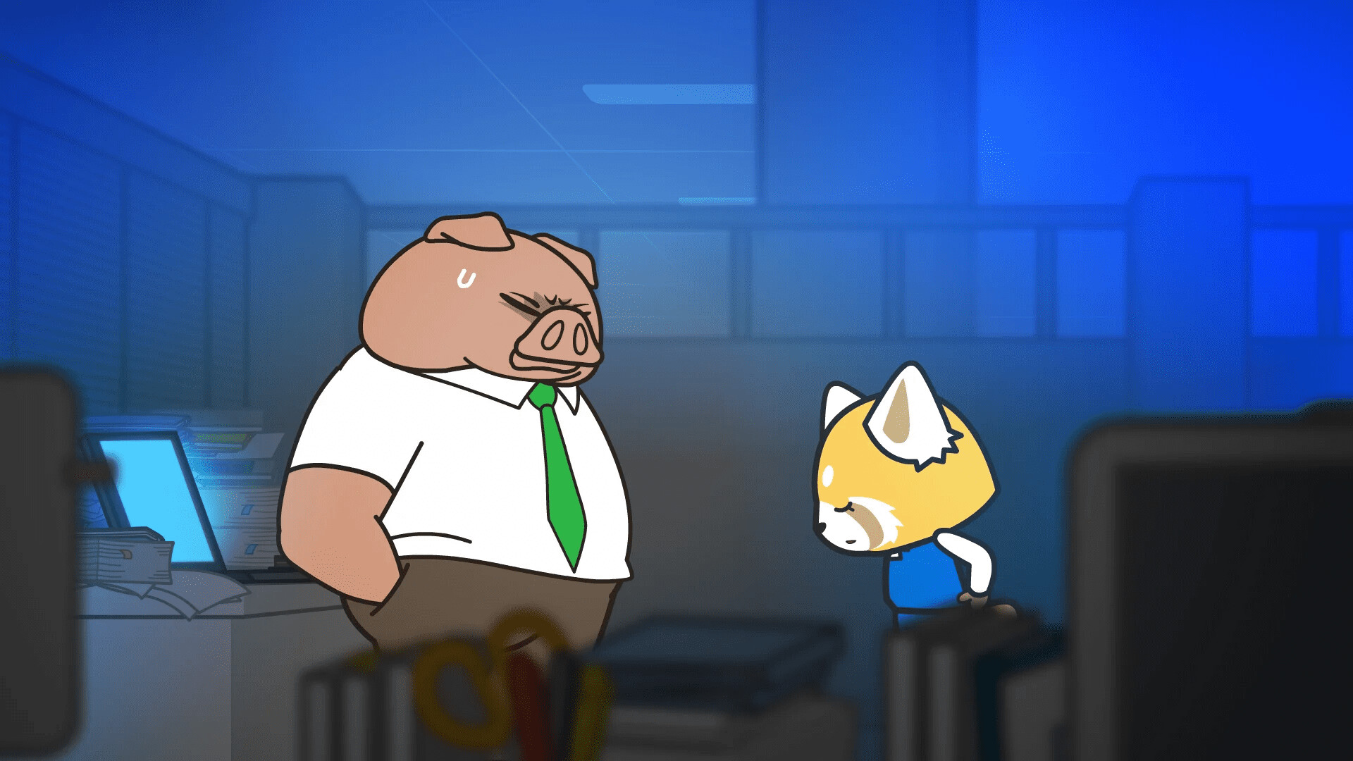 Aggretsuko: A Japanese animated comedy streaming television series, Ton. 1920x1080 Full HD Background.