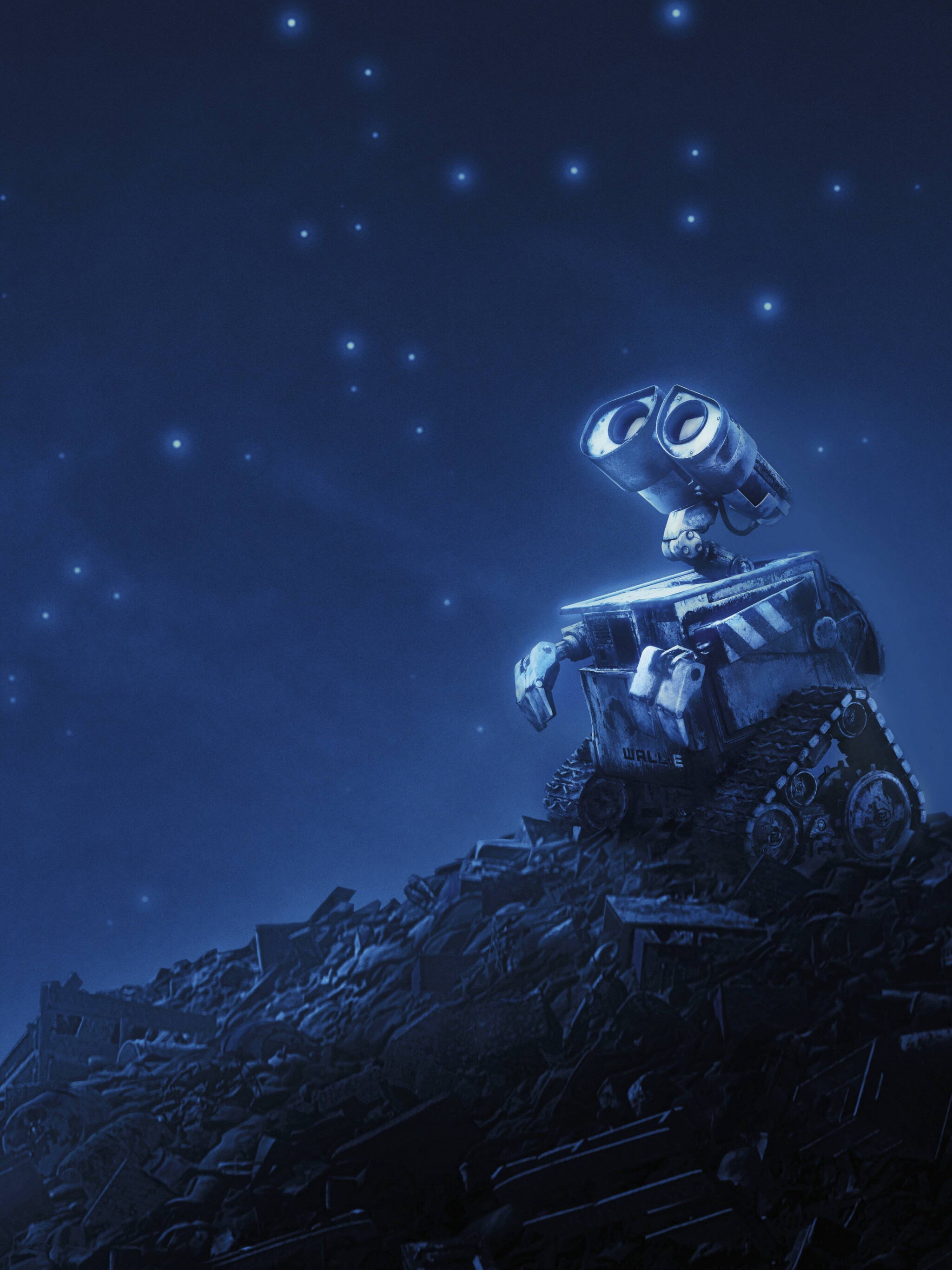 WALL·E: The film has minimal dialogue in its early sequences, Many of the characters do not have voices, but instead communicate with body language and robotic sounds designed by Burtt. 2050x2740 HD Background.