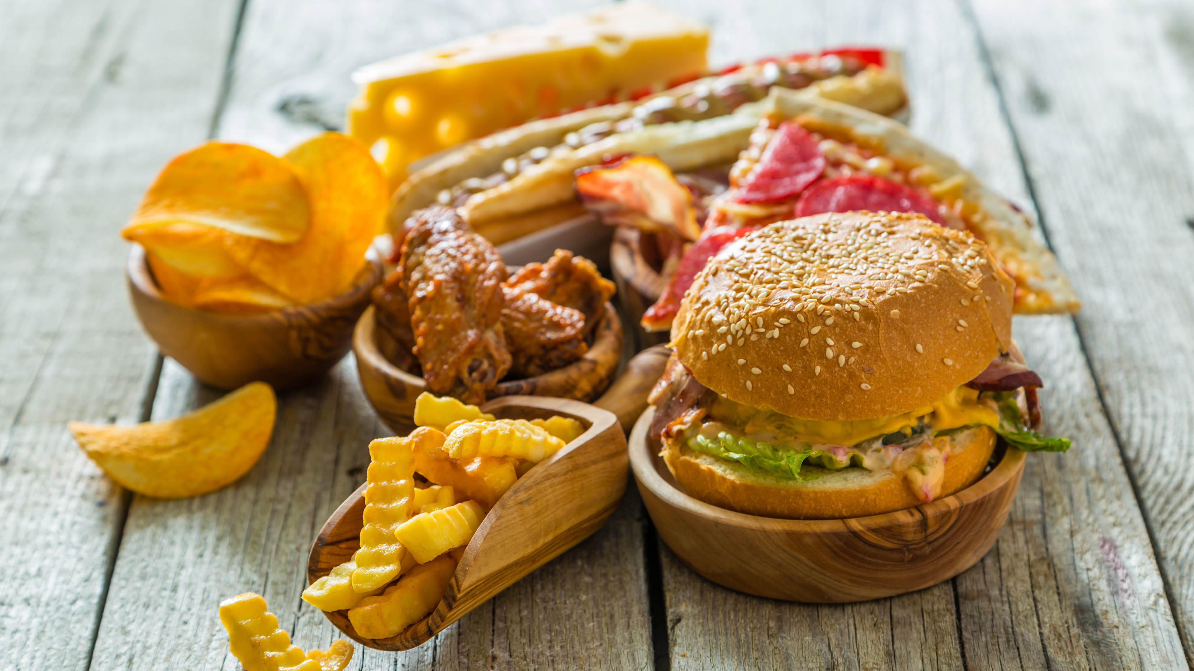 Hamburger: Junk food, Chips, French fries, Pizza, Hot dog, Burger. 3840x2160 4K Wallpaper.