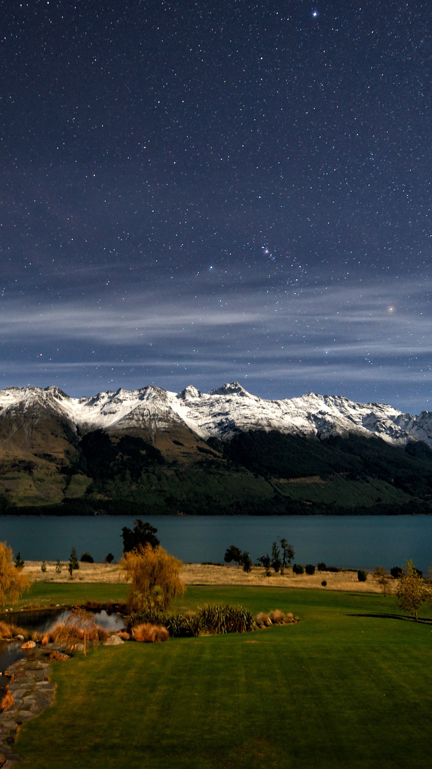 Queenstown lake, Stars and mountain, Snow and grass, Sky landscape, 1440x2560 HD Handy