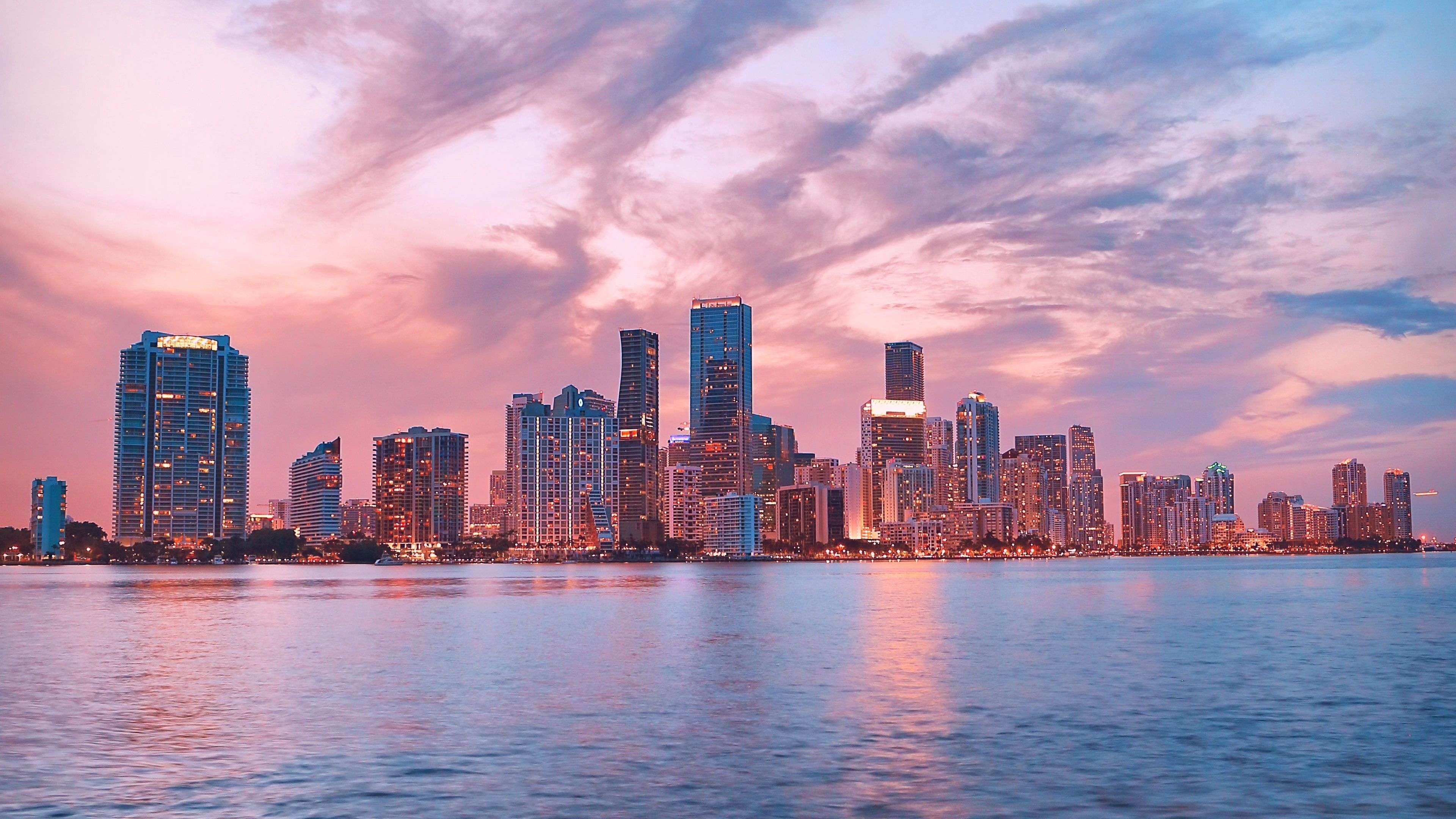 Miami Skyline, Pink sky, Florida travel, 3840x2160 4K Desktop