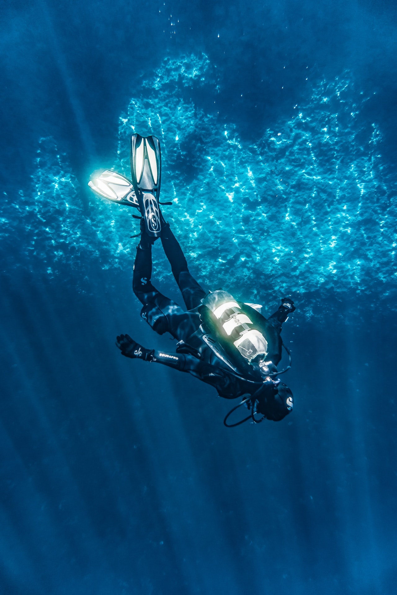 Scuba Diving: A type of underwater swimming with the use of a completely autonomous breathing equipment. 1280x1920 HD Background.