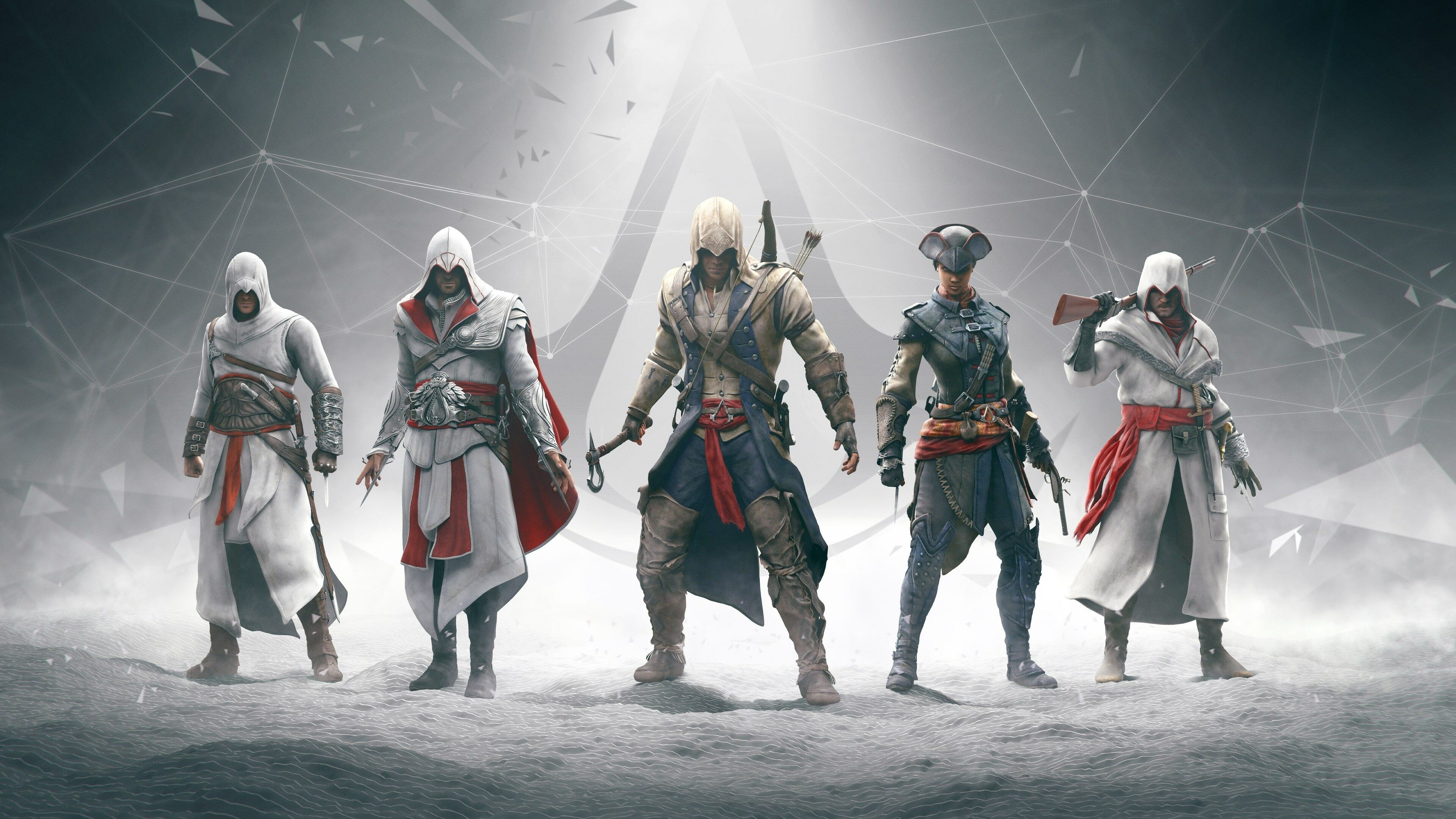 Assassin's Creed: Ezio Auditore, Aveline de Grandpre, Altair Ibn-LaʼAhad. 3840x2160 4K Background.